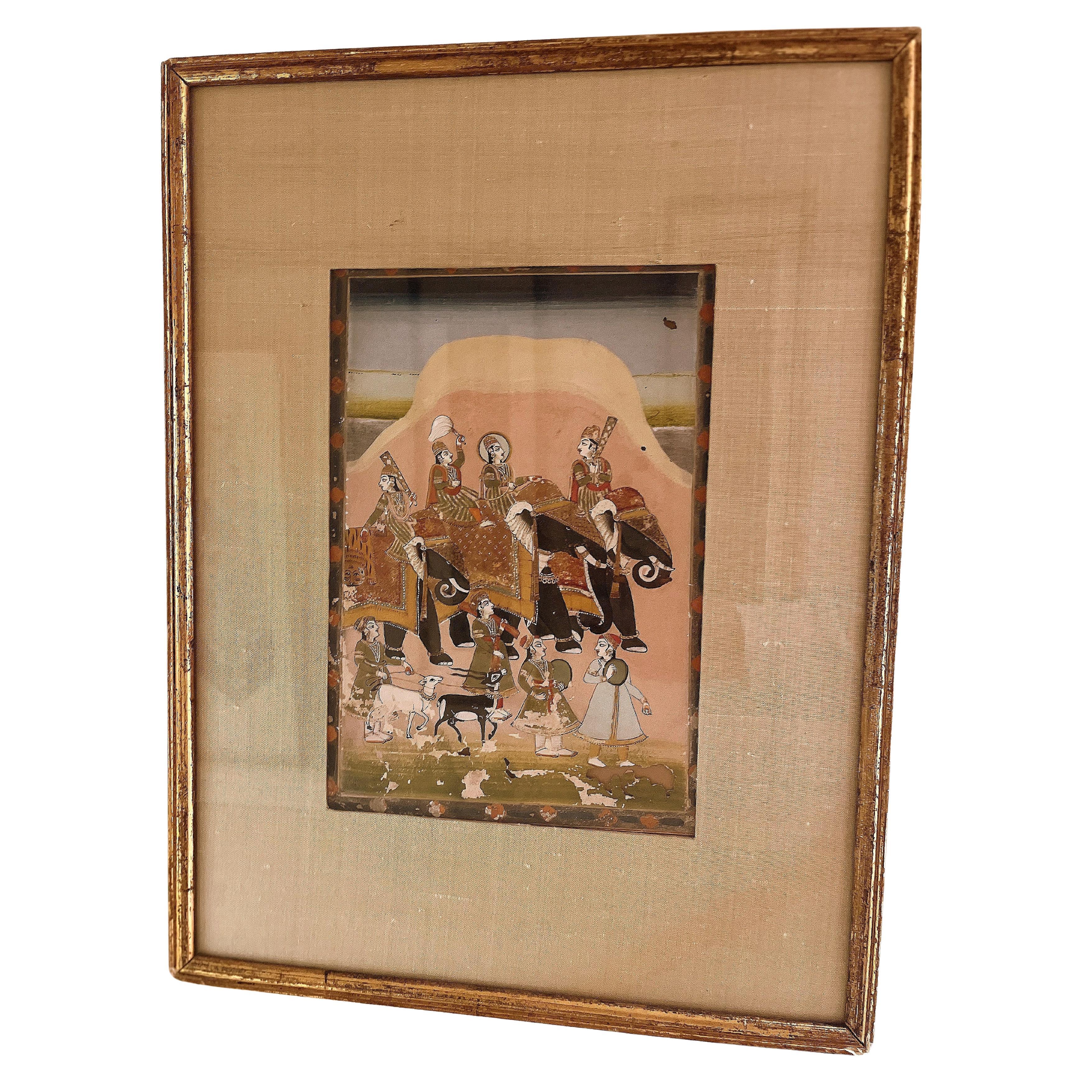 Framed Indian Rajasthani Painting of Maharaja Riding on Elephant