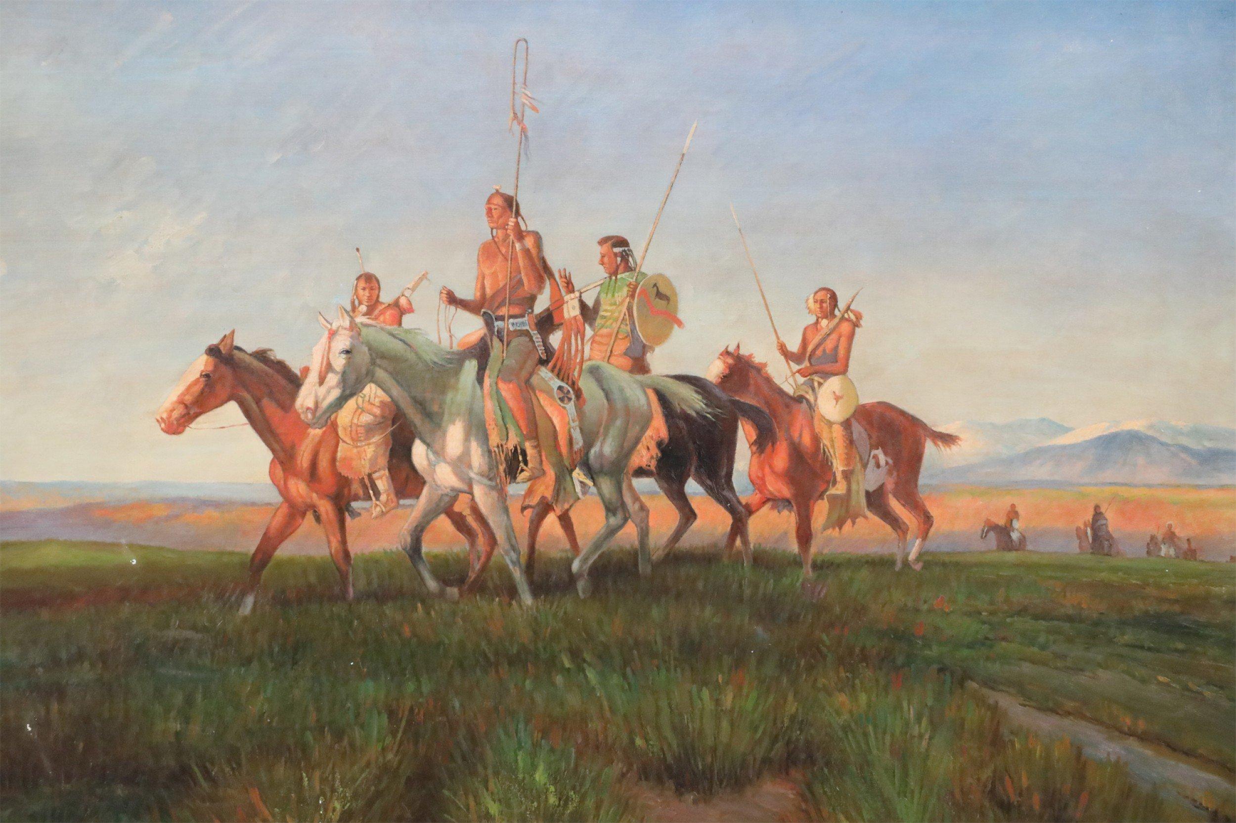 Vintage (20th Century) painting of four Indigenous Americans on horseback leading a line of additional riders behind them through a field of short, brown and green grasses. Painted on canvas in a wood and gold frame, with a linen liner.