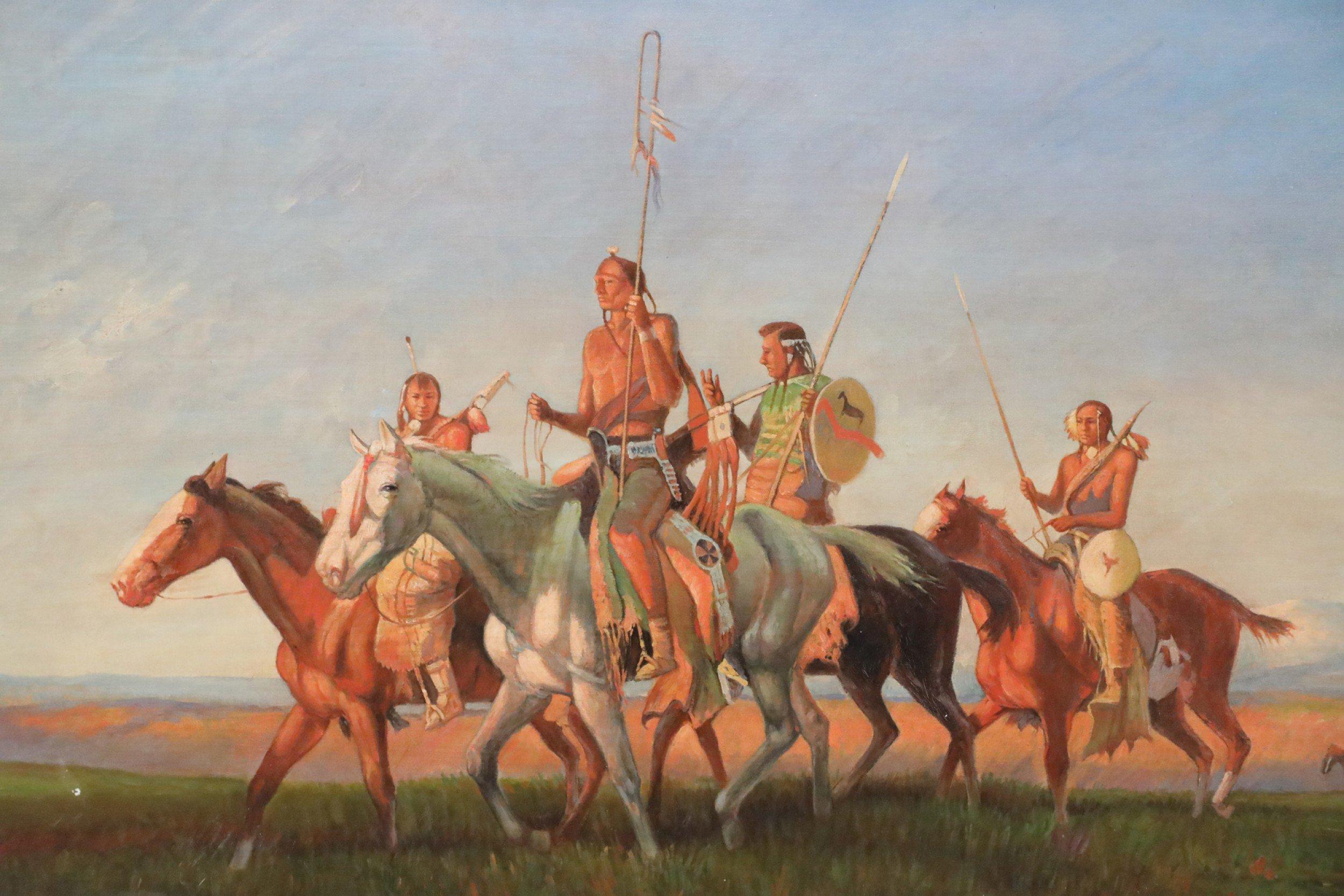 Mid-Century Modern Framed Indigenous Americans on Horseback Painting For Sale