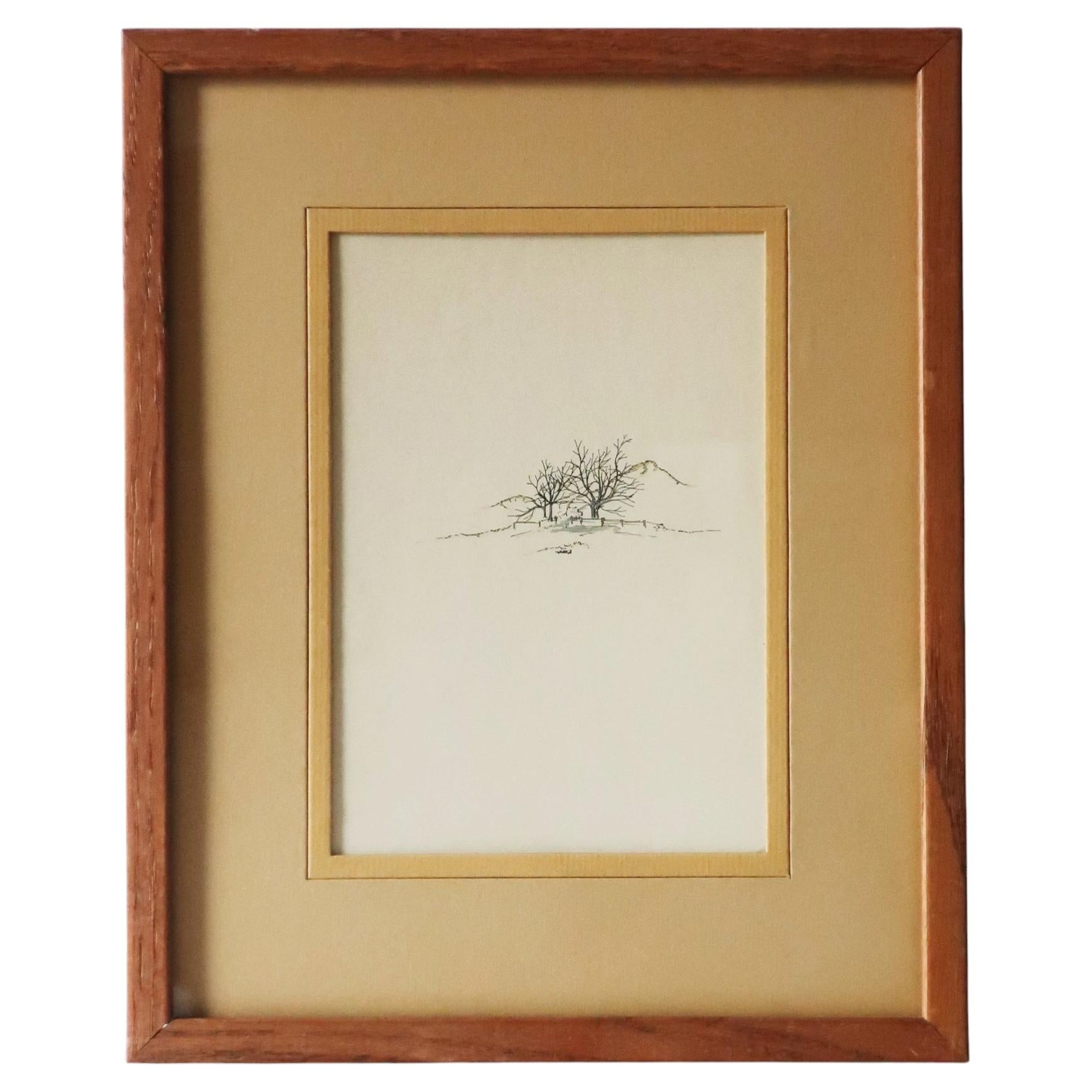 Framed Ink and Watercolor Drawing, Winter Landscape by Keith McDaniel For Sale
