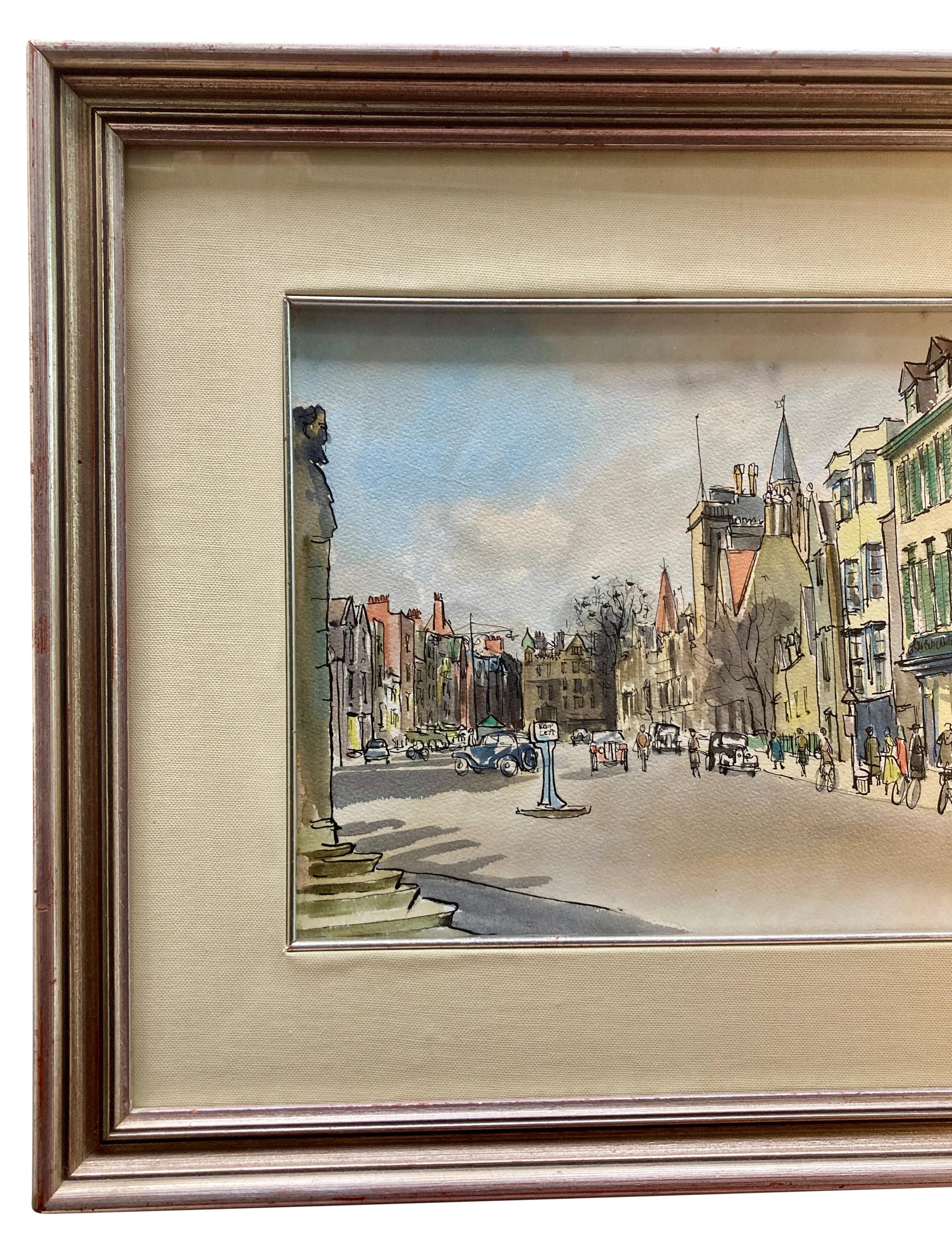 Une aquarelle à l'encre et à l'eau de Broad Street à Oxford, encadrée par une feuille d'argent. Signé et daté.