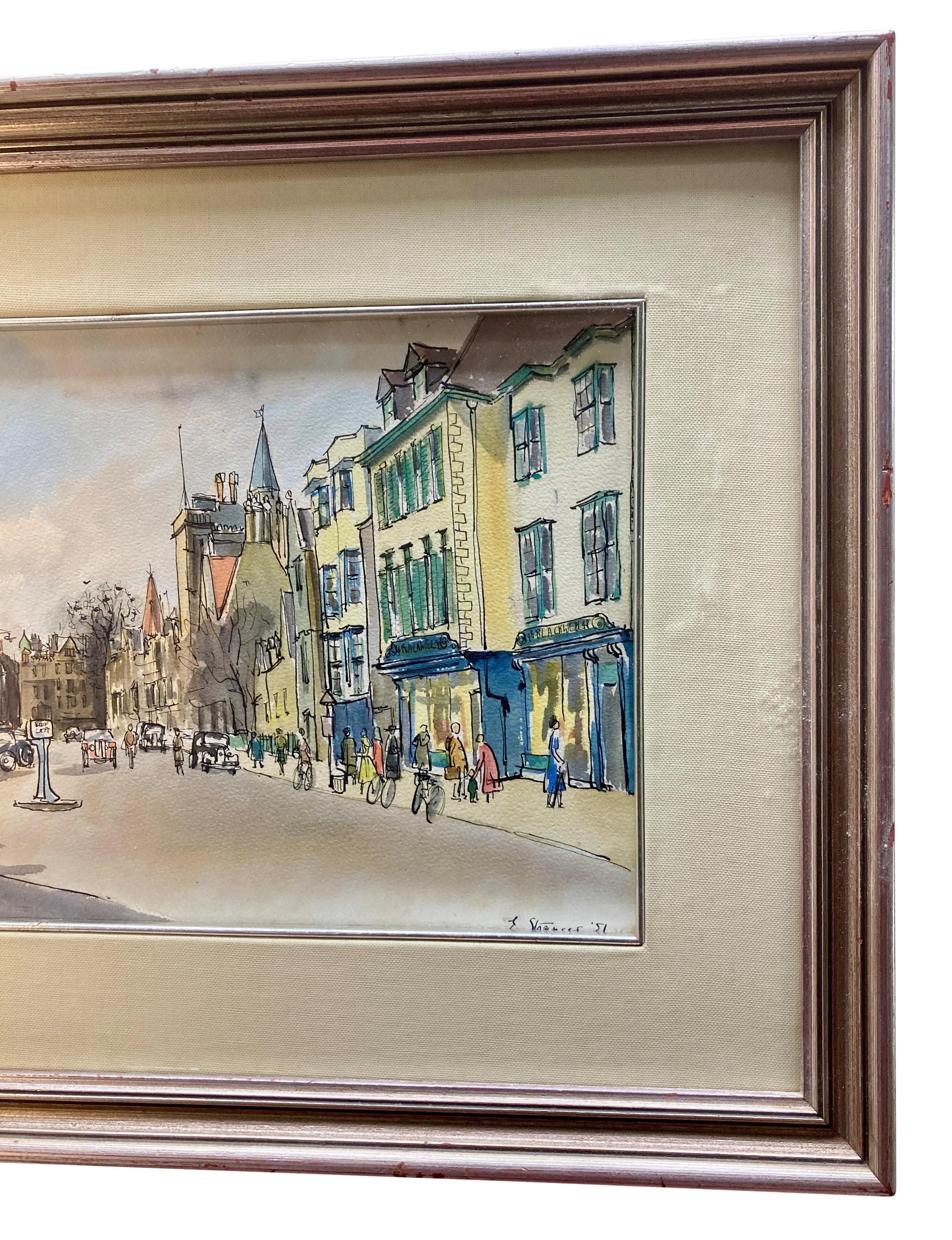 Mid-Century Modern Encre et aquarelle encadrée de Broad Street, Oxford en vente