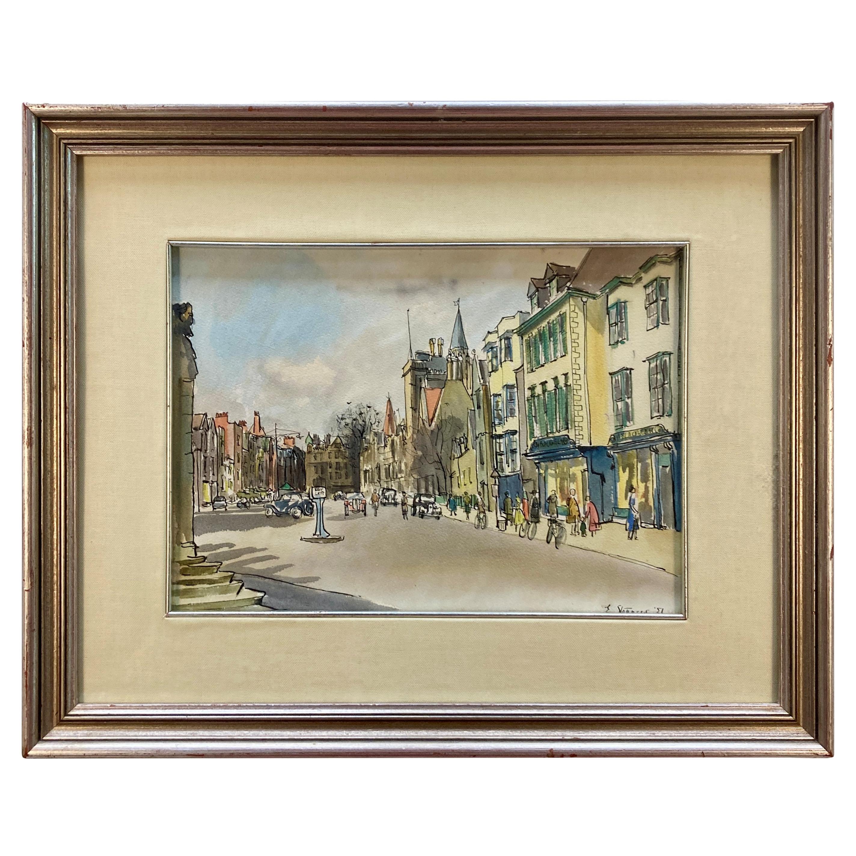 Inchiostro e acquerello incorniciato di Broad Street, Oxford