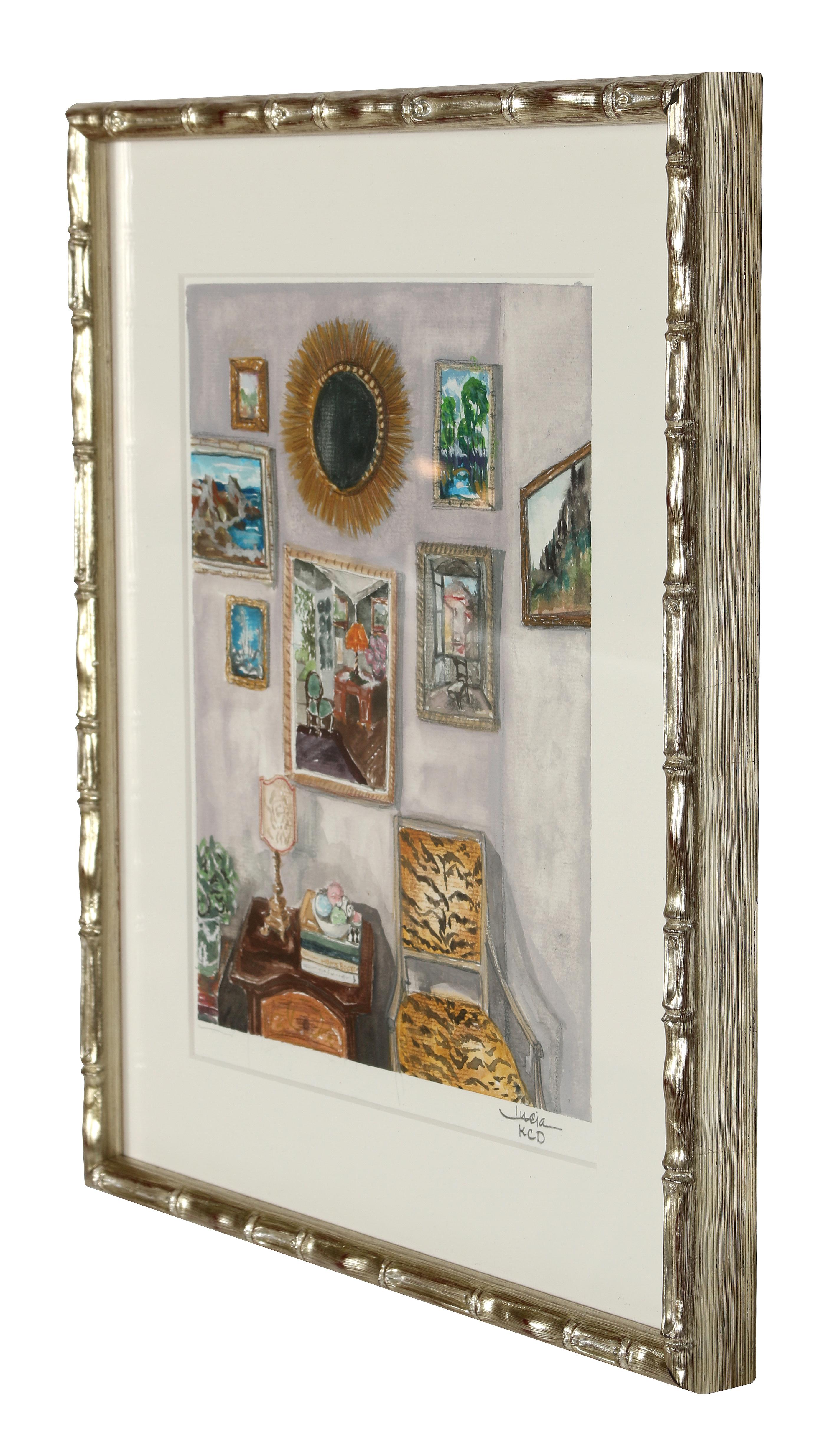 A contemporary watercolor of an Interior vignette with sunburst mirror, matted and finished in a faux bamboo frame.