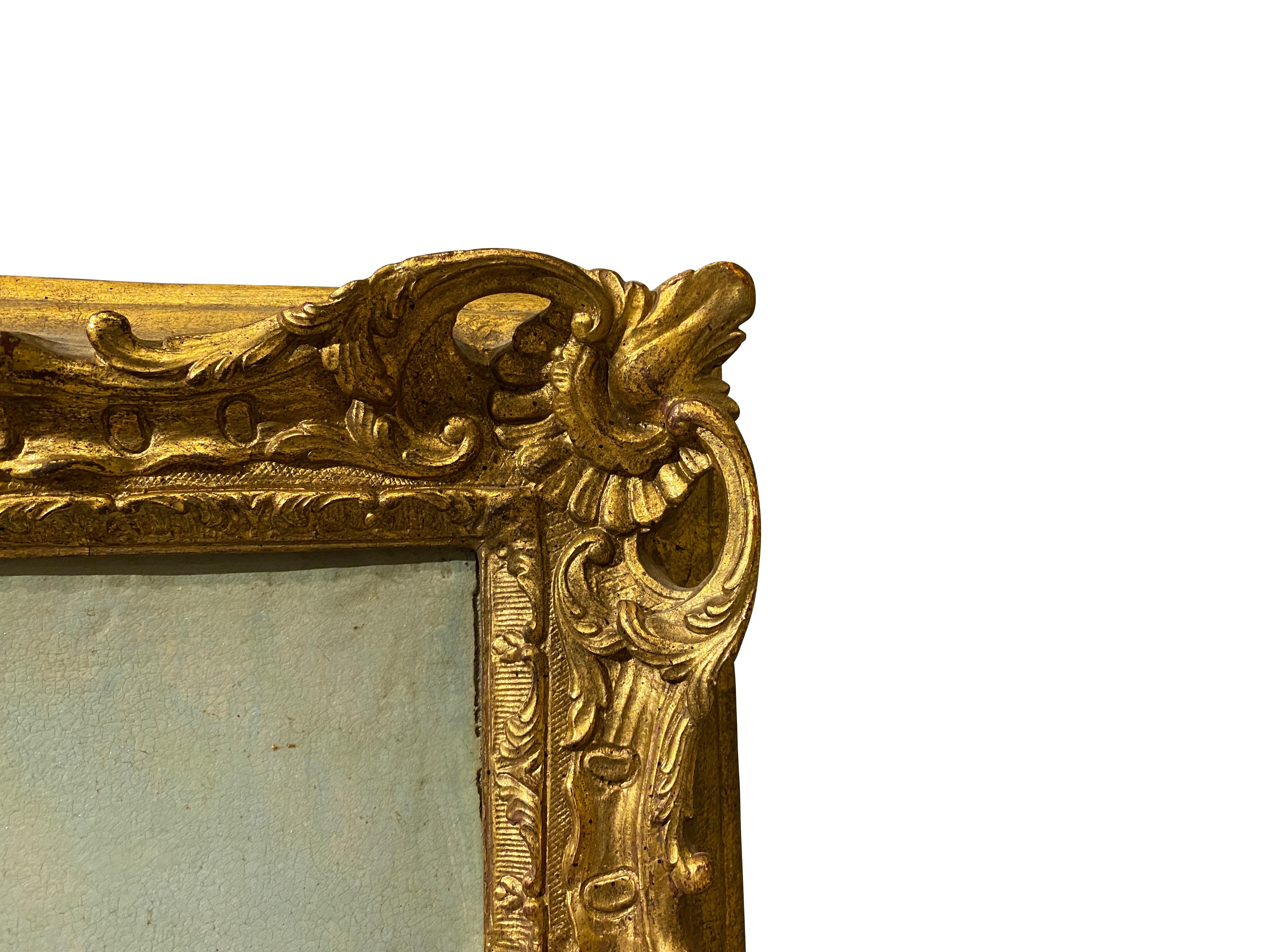 Well painted with scene of ancient ruins. In a carved gilt wood frame.