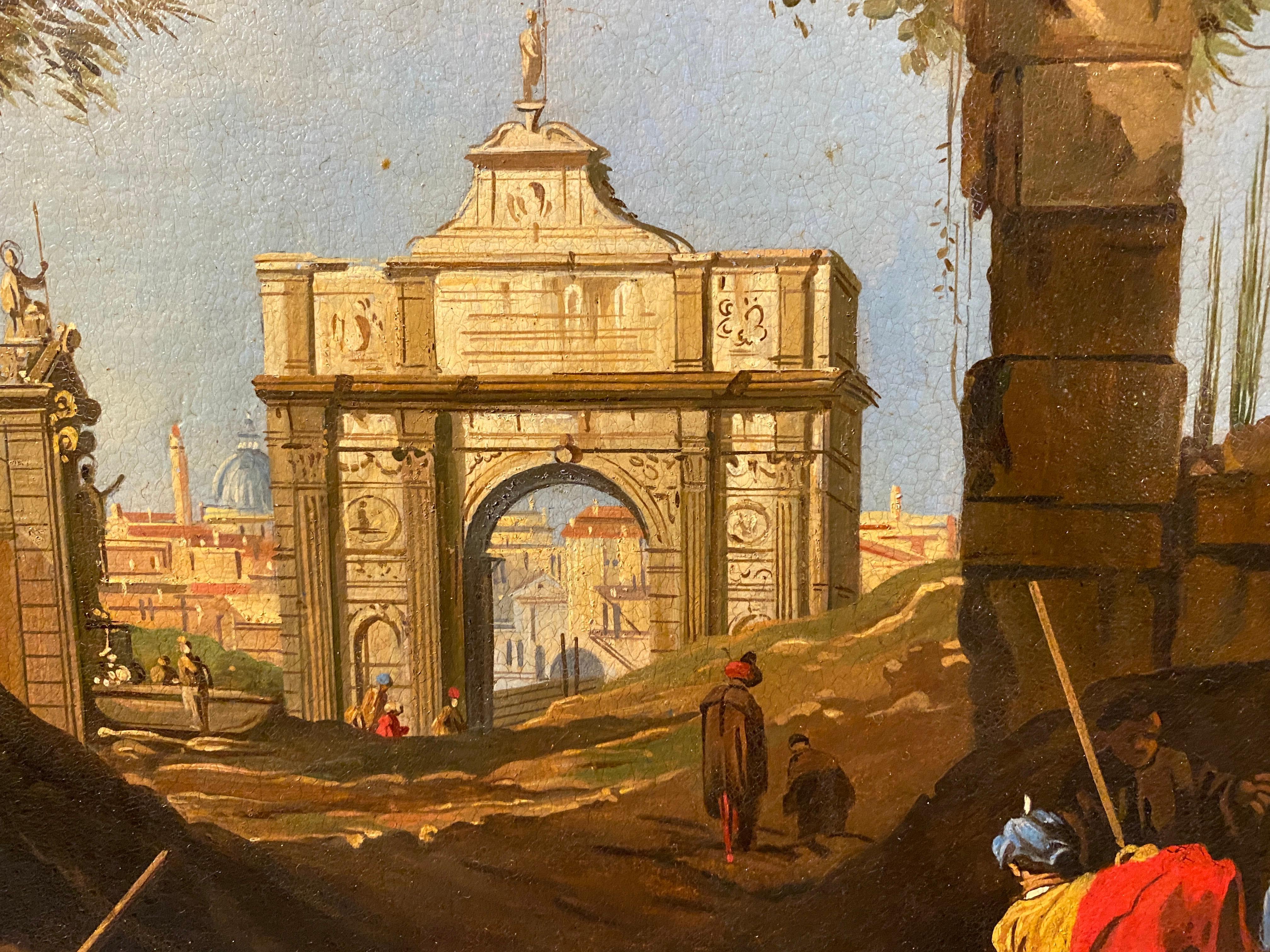 Huile sur toile italienne Capriccio encadrée en vente 1
