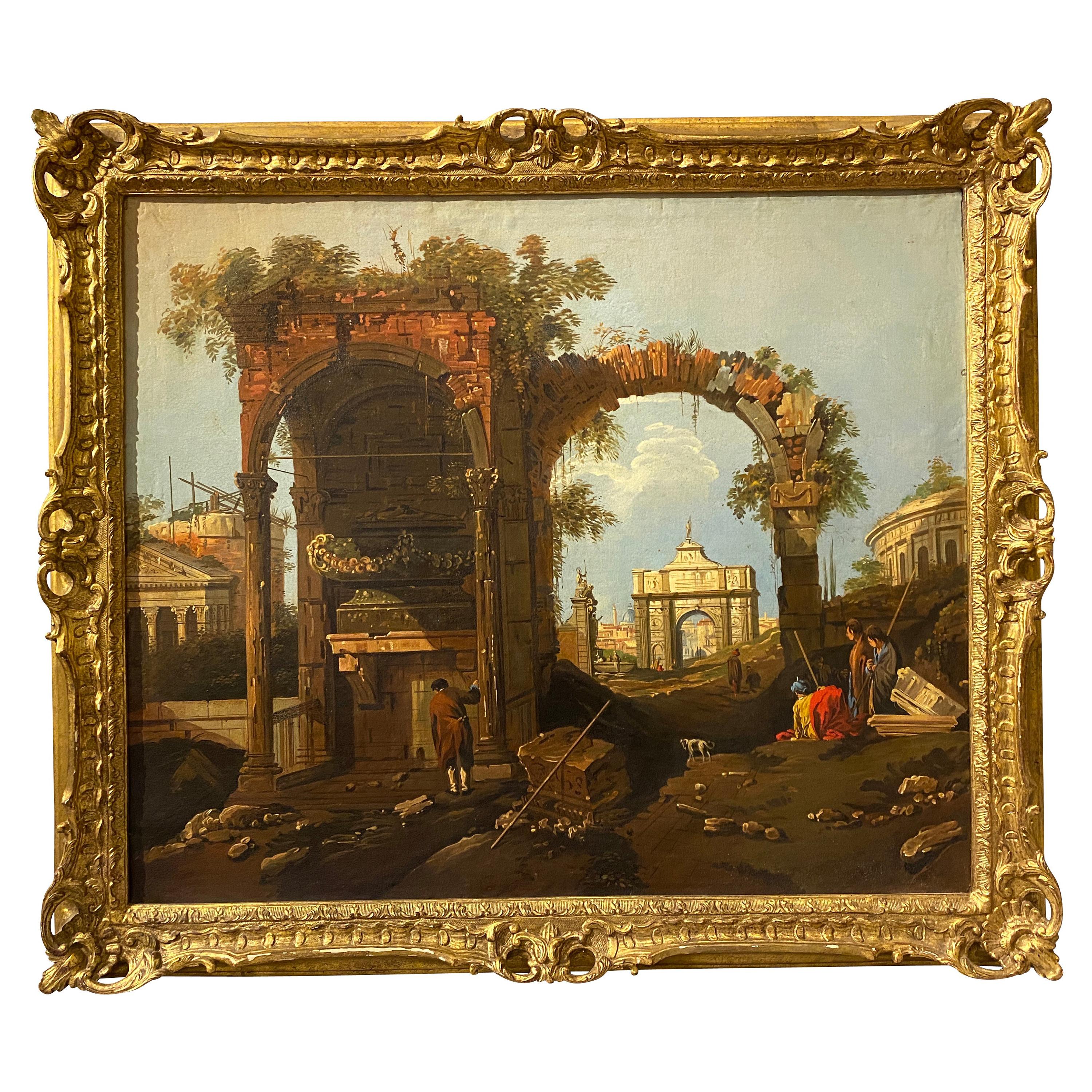 Huile sur toile italienne Capriccio encadrée en vente