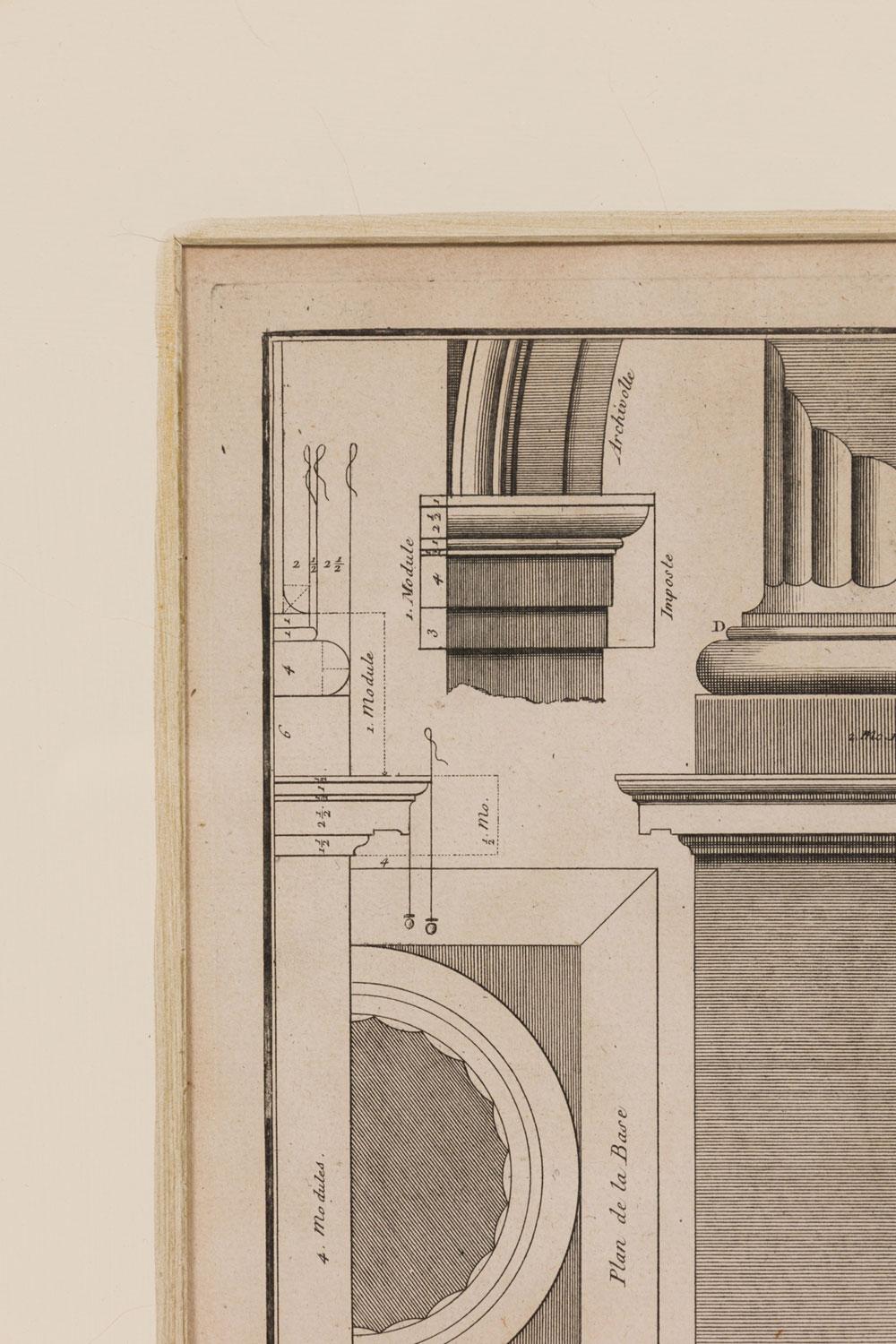 Framed Italian Neo-Classic Engravings of an Ionic Base Pedestal Diagram (Italienisch) im Angebot