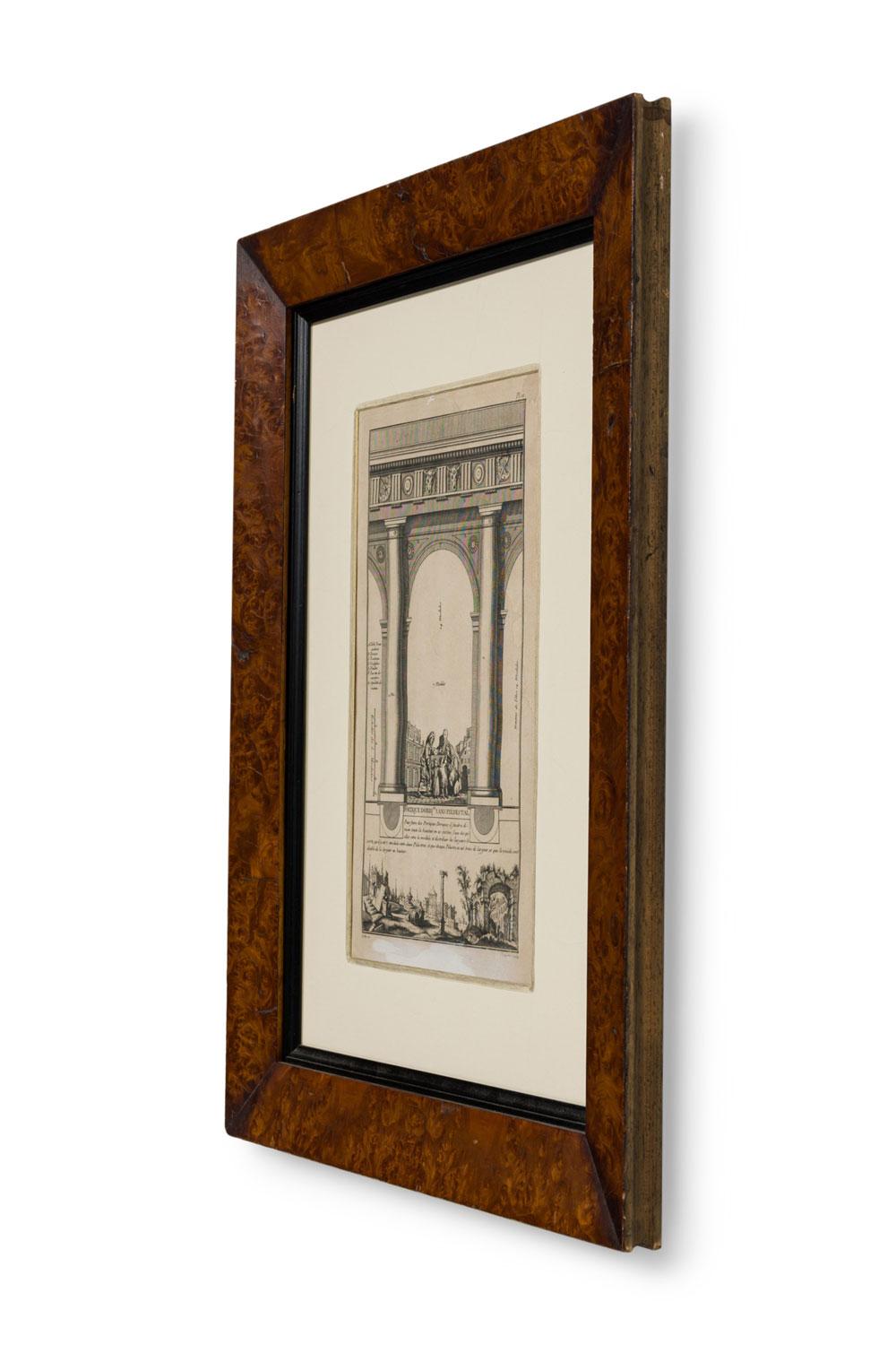 Italienische neoklassizistische Gravur von Sockeln auf einem Torbogen mit einer Genreszene von an einem Tisch versammelten Menschen in einem Wurzelholzrahmen mit einer elfenbeinfarbenen Doppelmatte (Begleitstücke: NWL6075, NWL6076 & NWL6077)