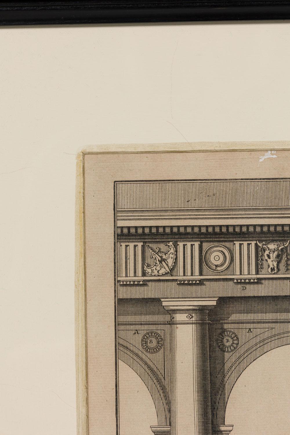 Gerahmte italienische neoklassische Stiche von Sockeln auf einem Bogengang mit Genreszene (Italienisch) im Angebot