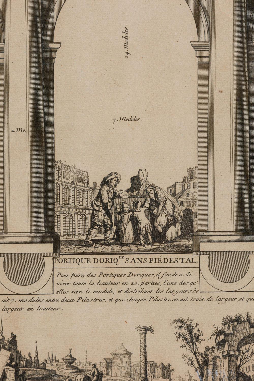 Gerahmte italienische neoklassische Stiche von Sockeln auf einem Bogengang mit Genreszene im Zustand „Gut“ im Angebot in Queens, NY