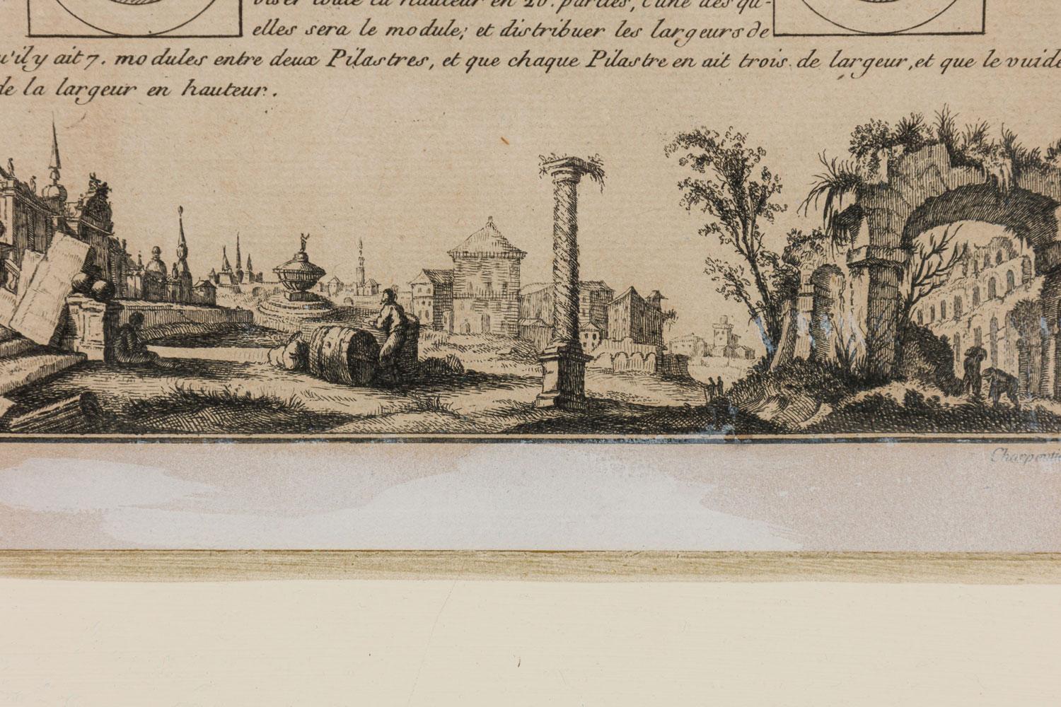 Gerahmte italienische neoklassische Stiche von Sockeln auf einem Bogengang mit Genreszene (19. Jahrhundert) im Angebot