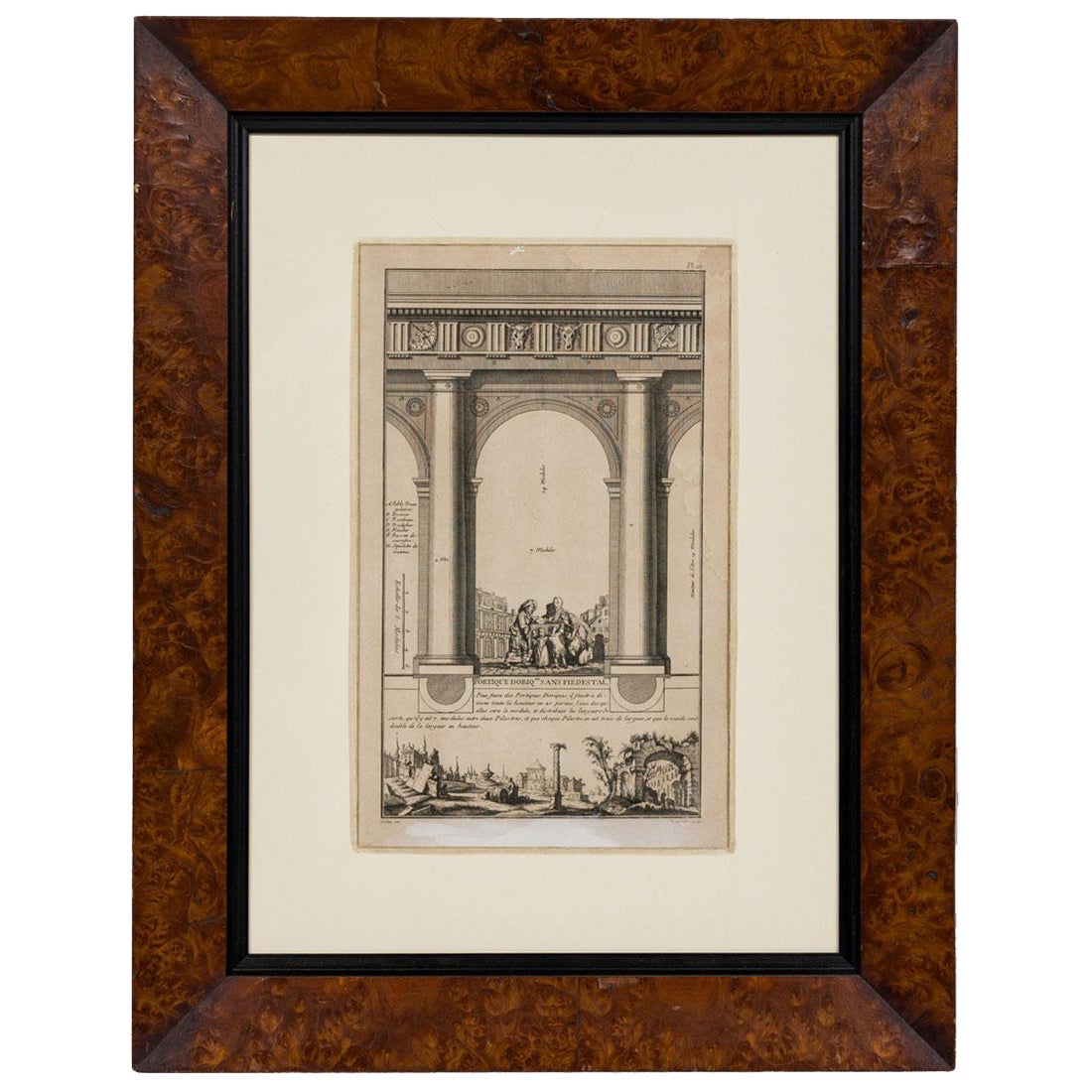 Framed Italian Neo-Classic Engravings of Pedestals on an Archway w/ Genre Scene