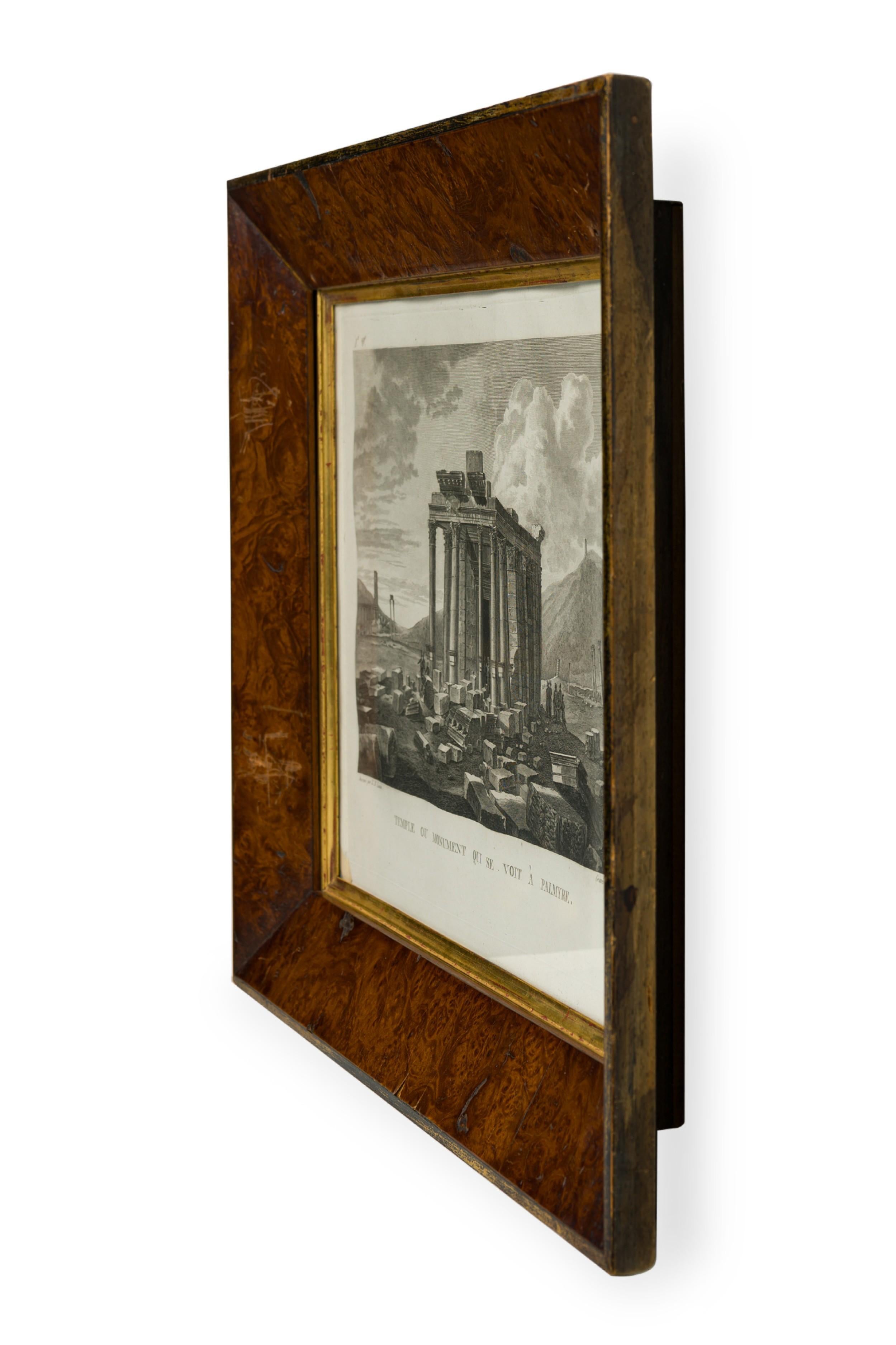 Italienische neoklassische Lithographie des dritten Triumphbogens in Palmyra, Syrien, mit einer Szene, in der das Leben vor den Überresten der Lenobia genommen wird, in einem Rahmen aus Wurzelholz und vergoldet, der C.M.D. Picquenot zugeschrieben