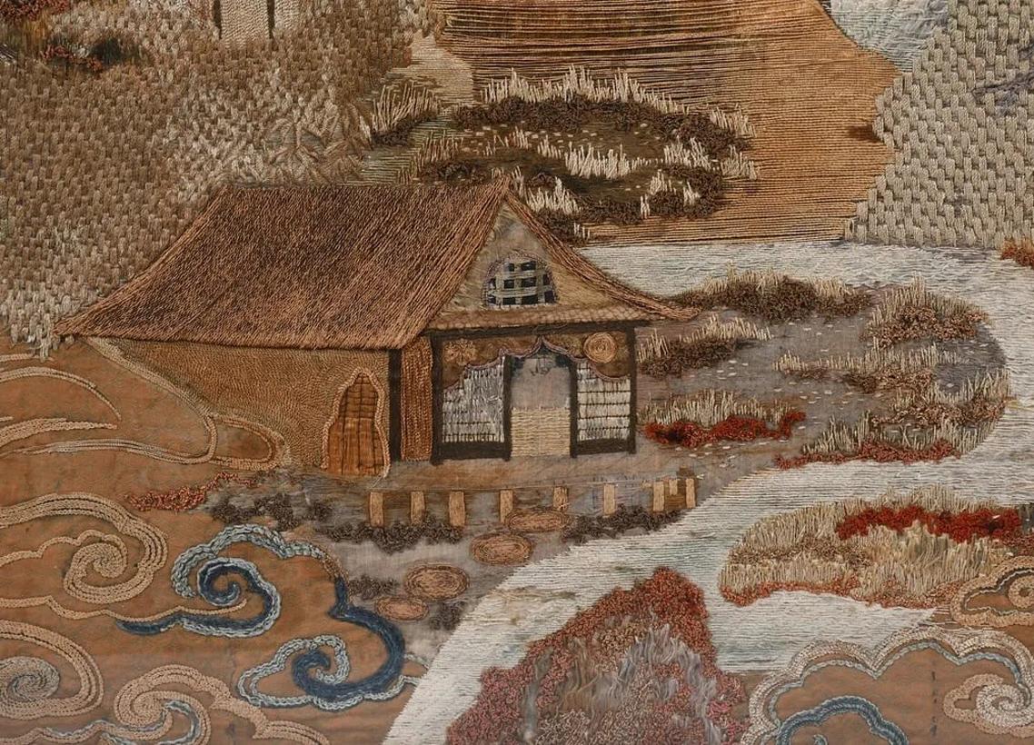 Gerahmter japanischer antiker Sennin-Wandteppich mit Stickerei aus der Meiji-Periode  im Angebot 1