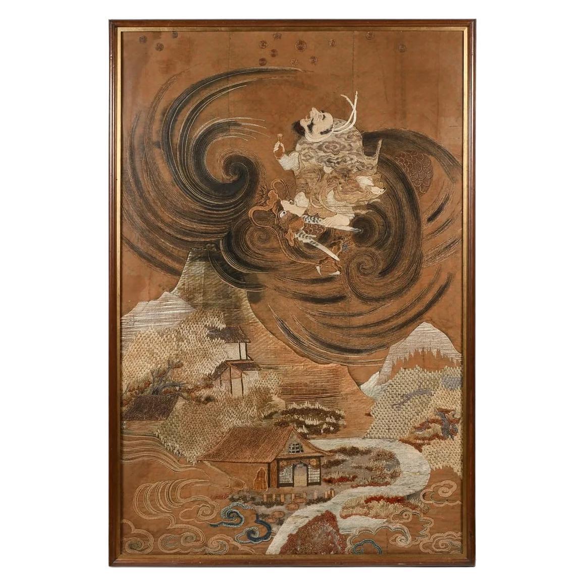 Framed Japanese Antique Embroidery Sennin Tapestry Meiji Period  For Sale
