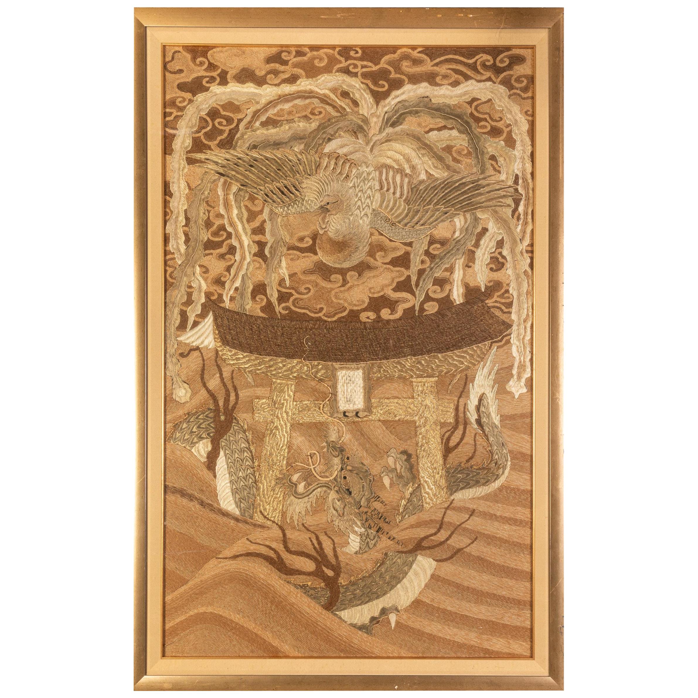 Framed Japanese Antique Phoenix Dragon Embroidery Tapestry Meiji Period For Sale