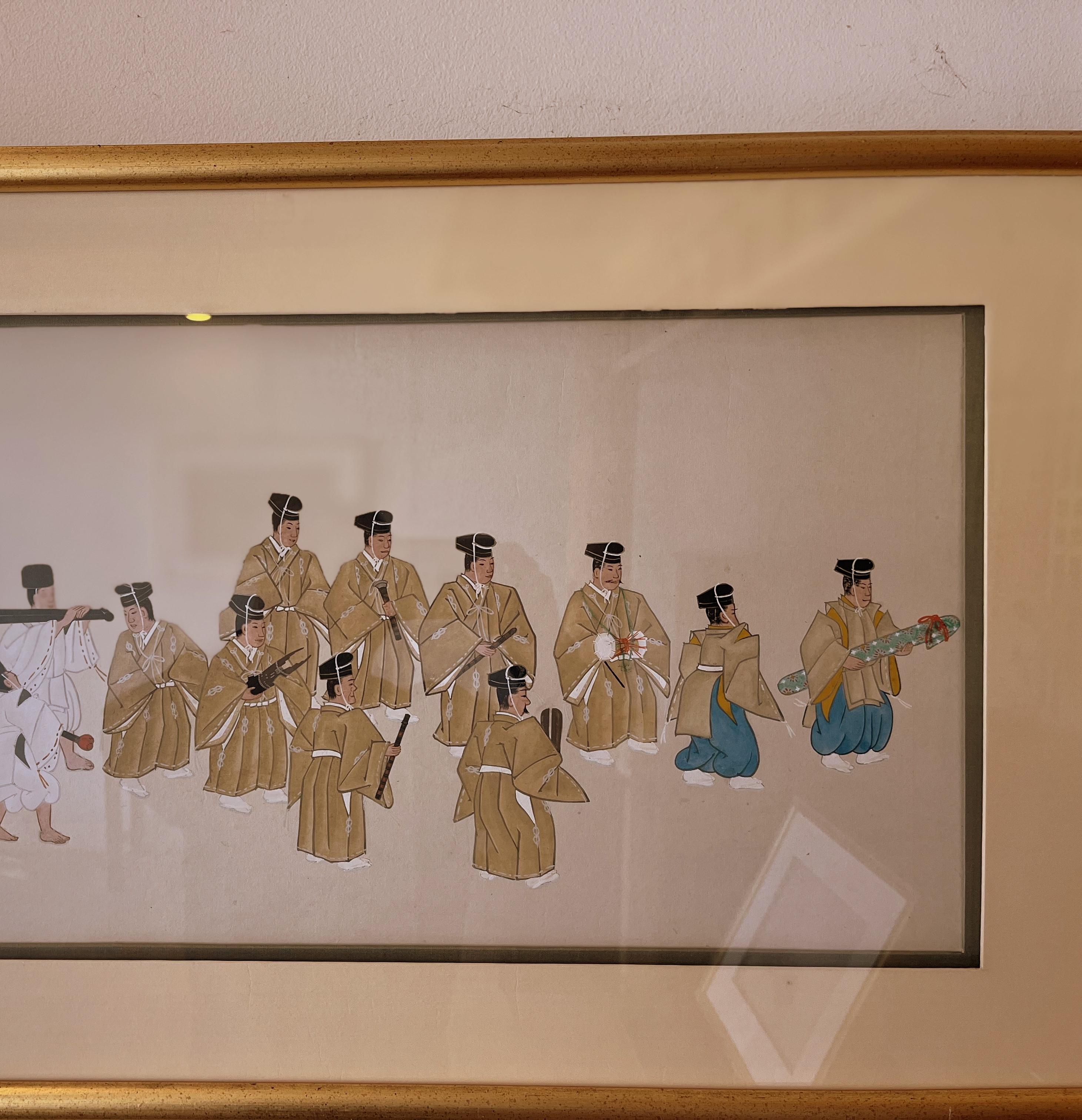 Painted Framed  Japanese Brush Painting of a Wedding Procession For Sale