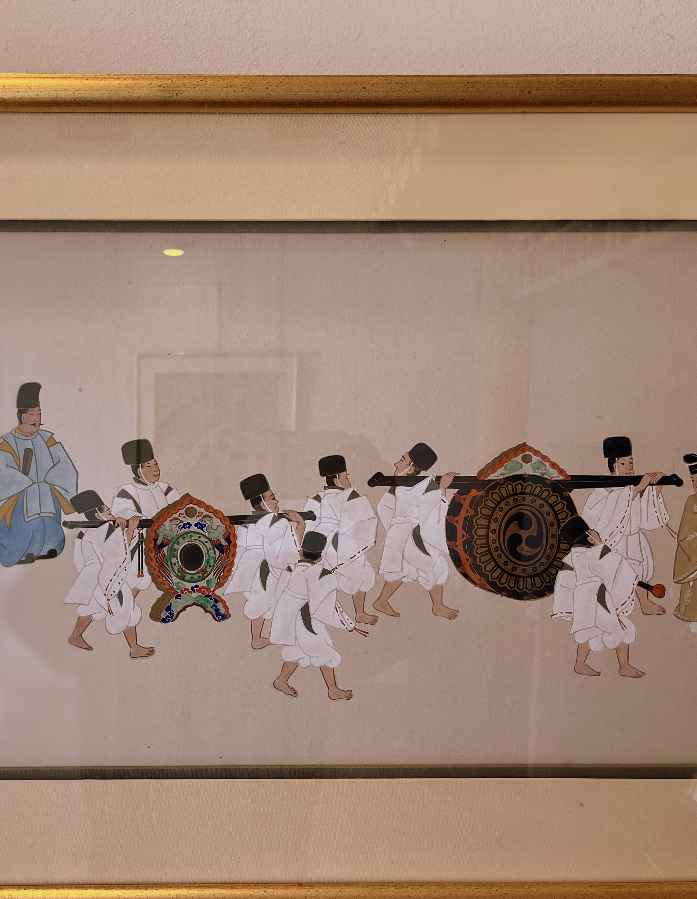 Framed  Japanese Brush Painting of a Wedding Procession In Good Condition For Sale In Greenwich, CT