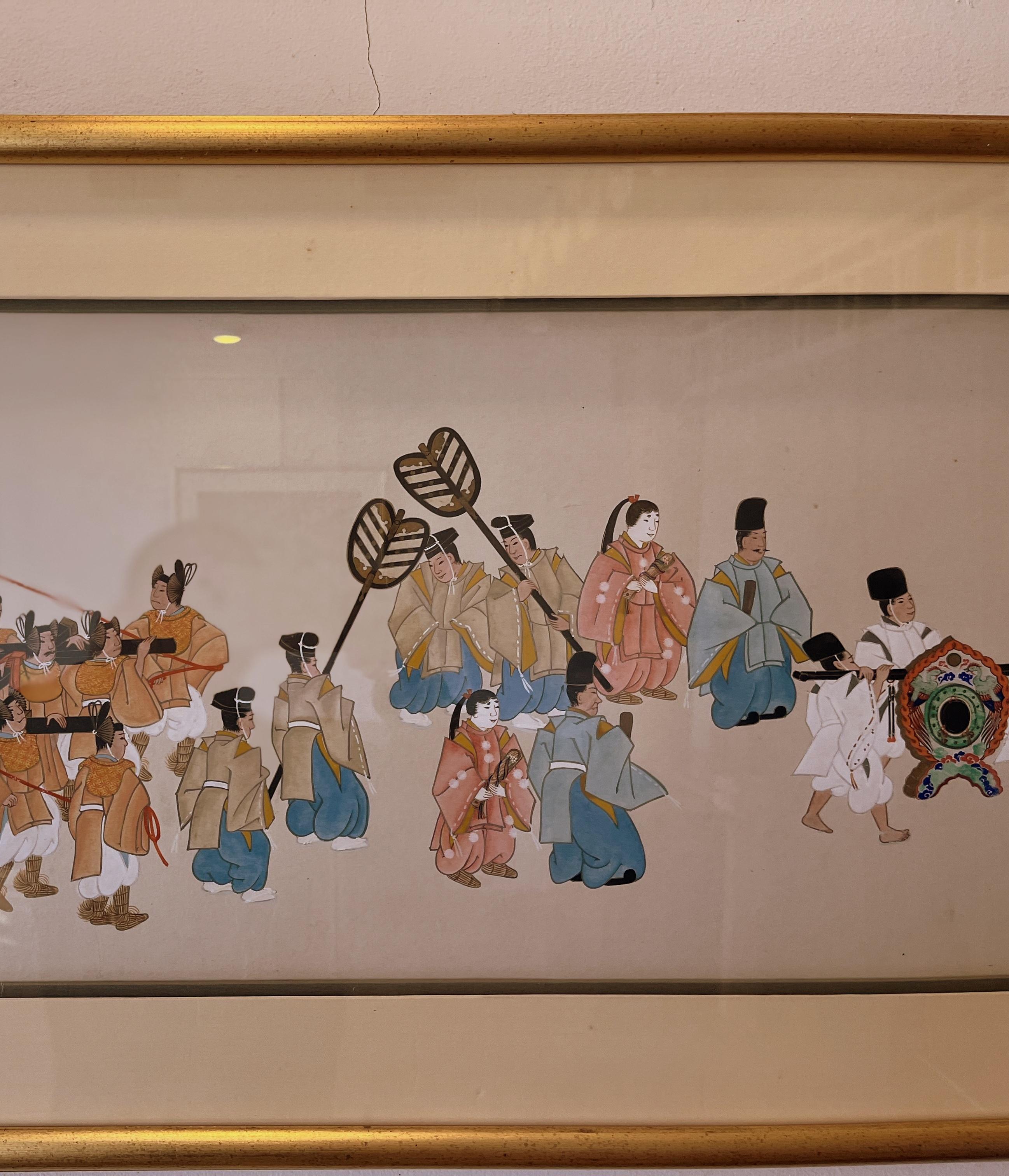 Early 20th Century Framed  Japanese Brush Painting of a Wedding Procession For Sale