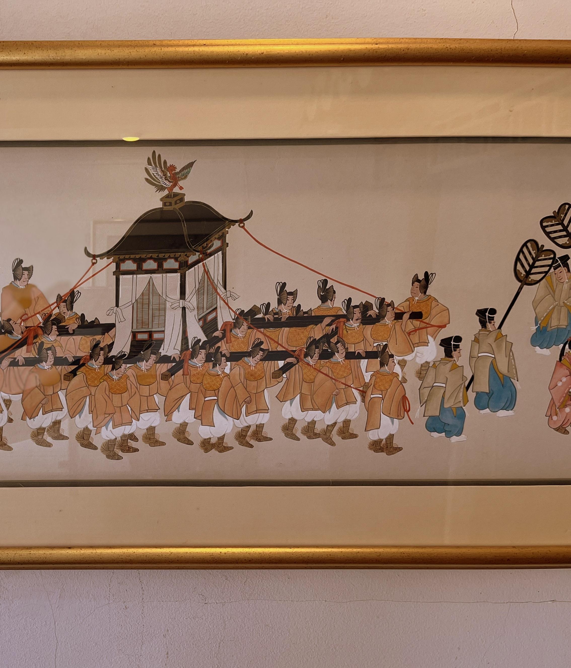 Paper Framed  Japanese Brush Painting of a Wedding Procession For Sale