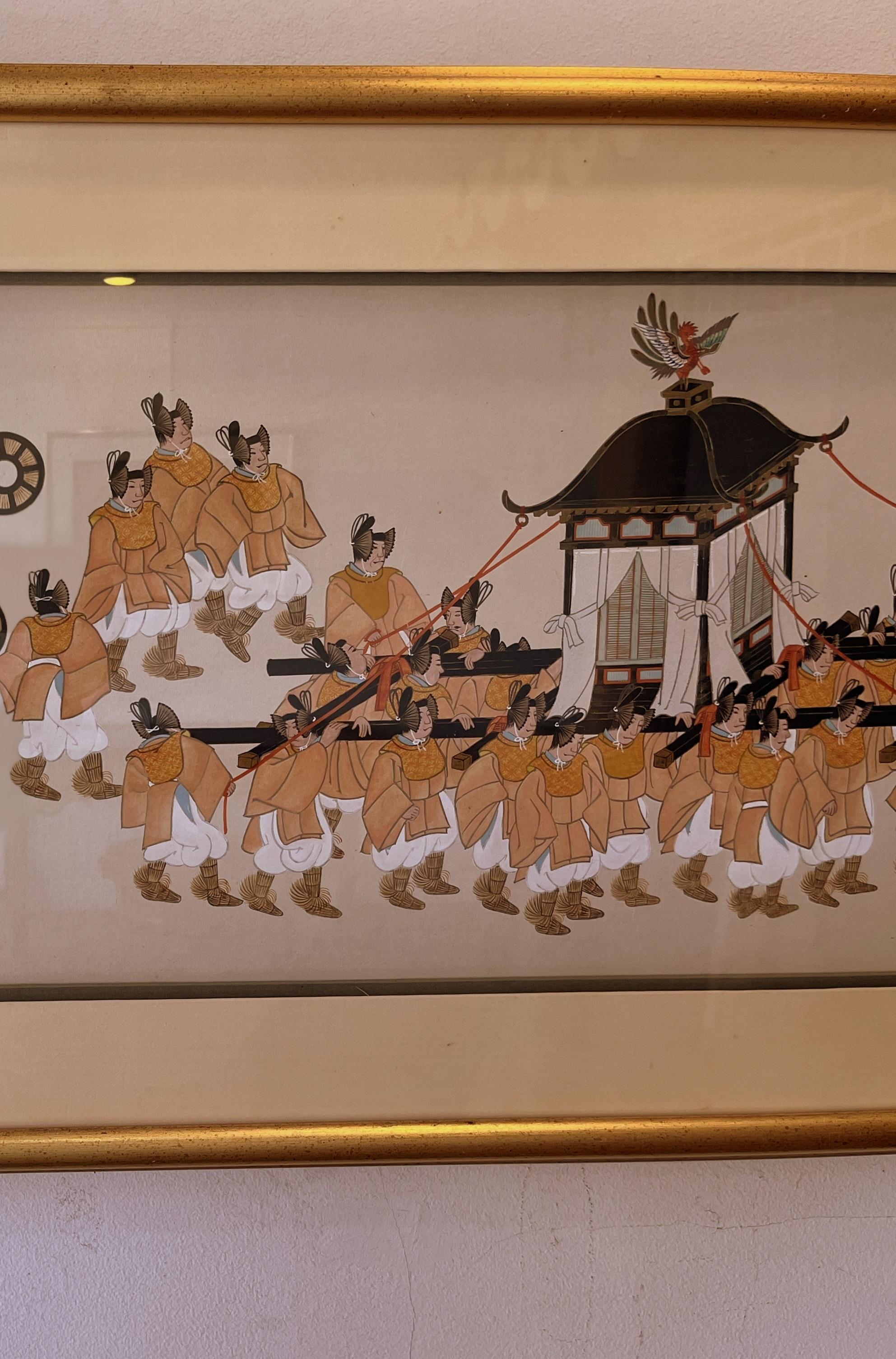 Framed  Japanese Brush Painting of a Wedding Procession For Sale 1