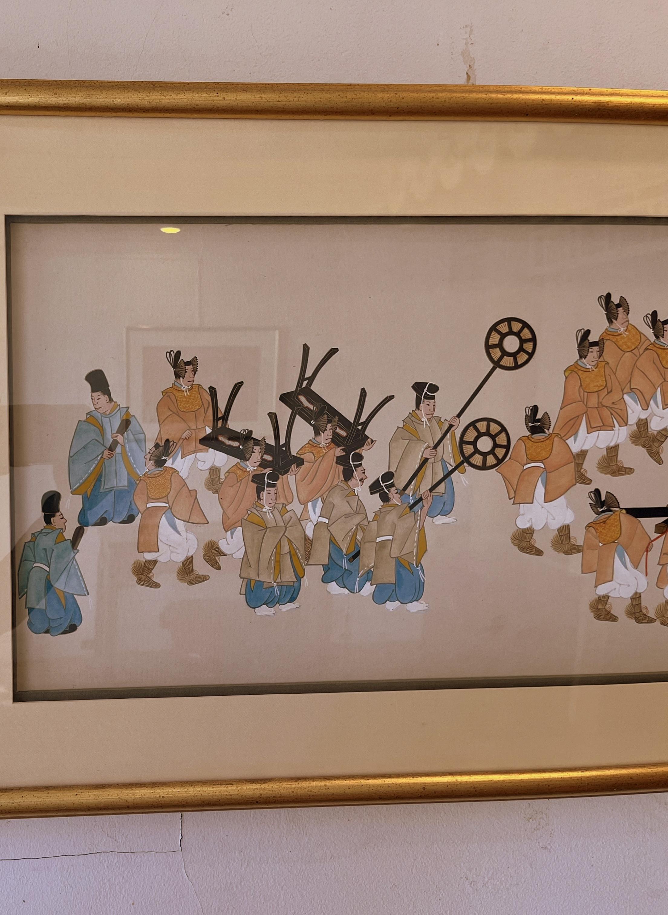 Framed  Japanese Brush Painting of a Wedding Procession For Sale 2
