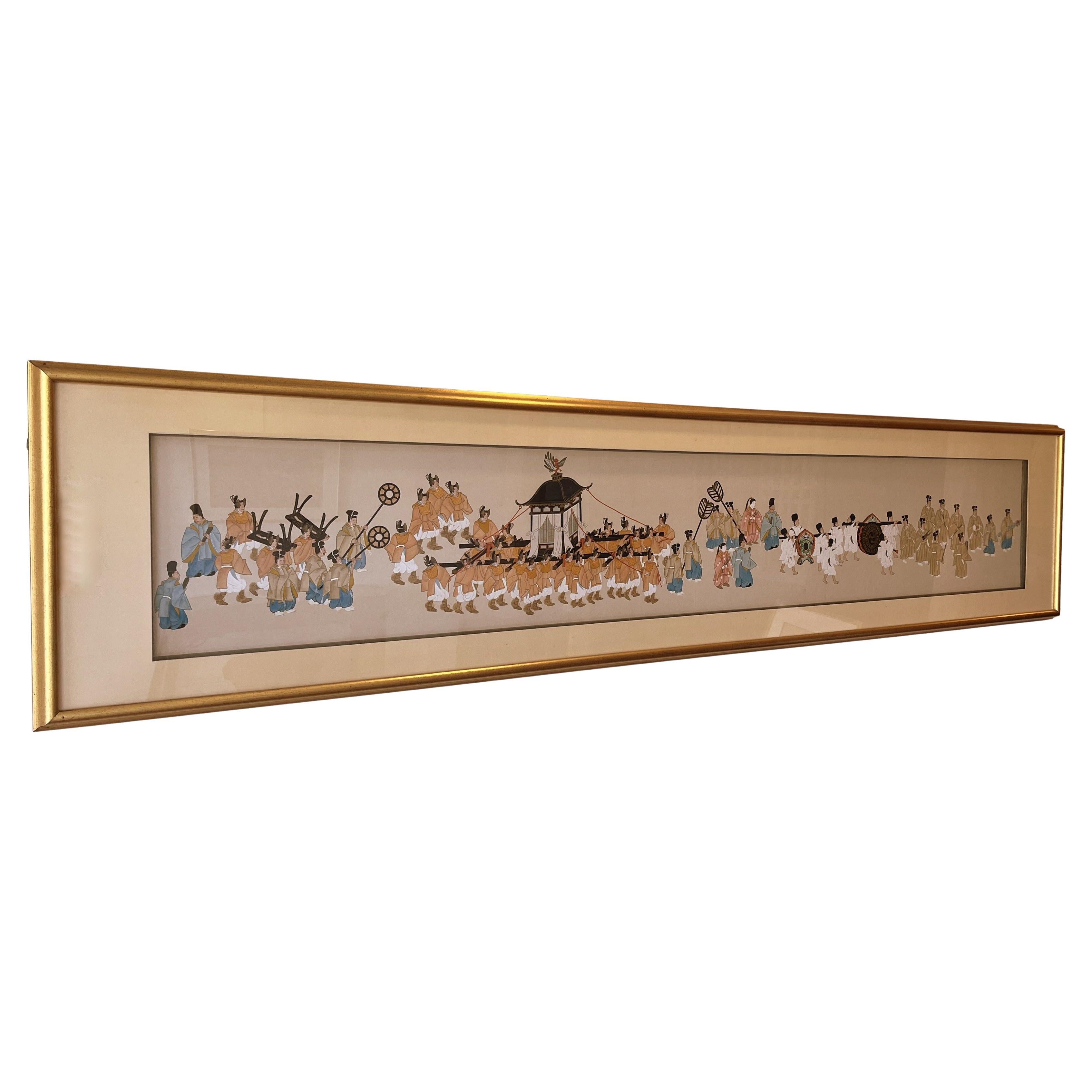 Framed  Japanese Brush Painting of a Wedding Procession