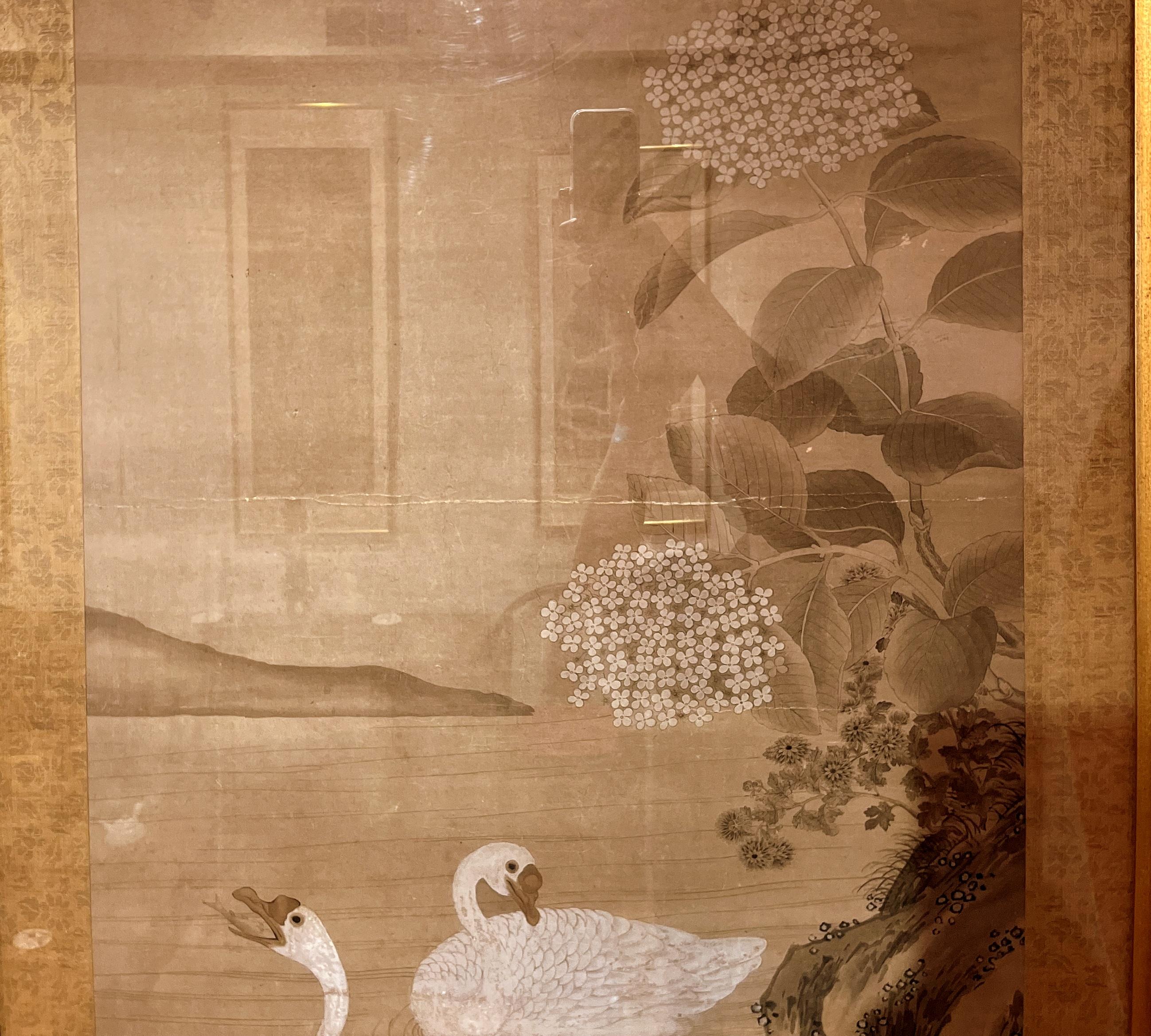 Hand-Painted Framed Japanese Brush Painting of Two White Geese Swimming in a Pond For Sale