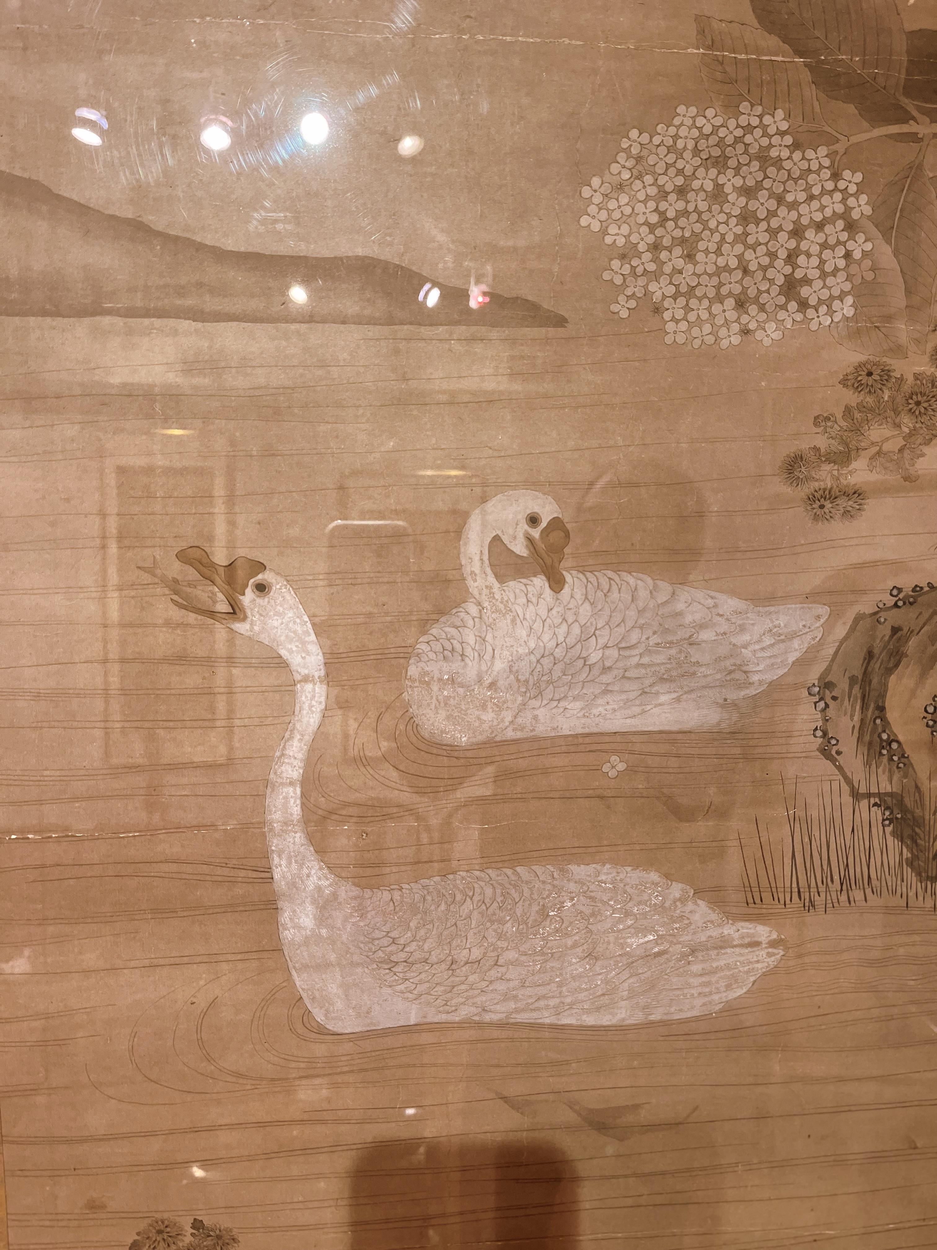 Framed Japanese Brush Painting of Two White Geese Swimming in a Pond In Good Condition For Sale In Greenwich, CT