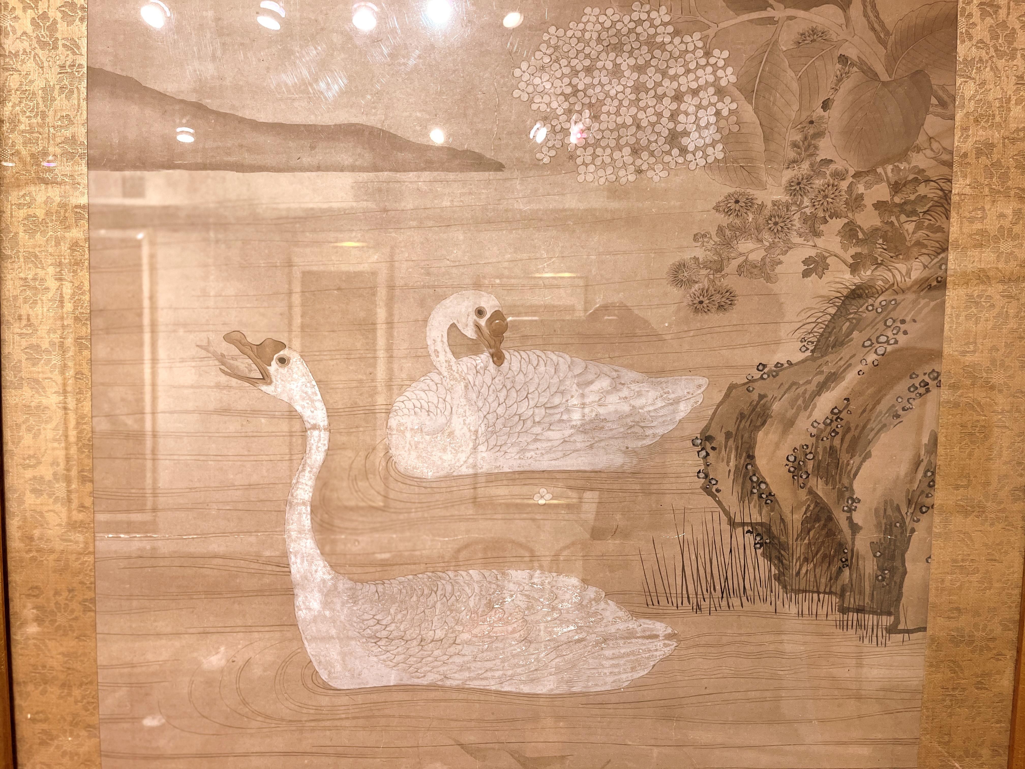 19th Century Framed Japanese Brush Painting of Two White Geese Swimming in a Pond For Sale