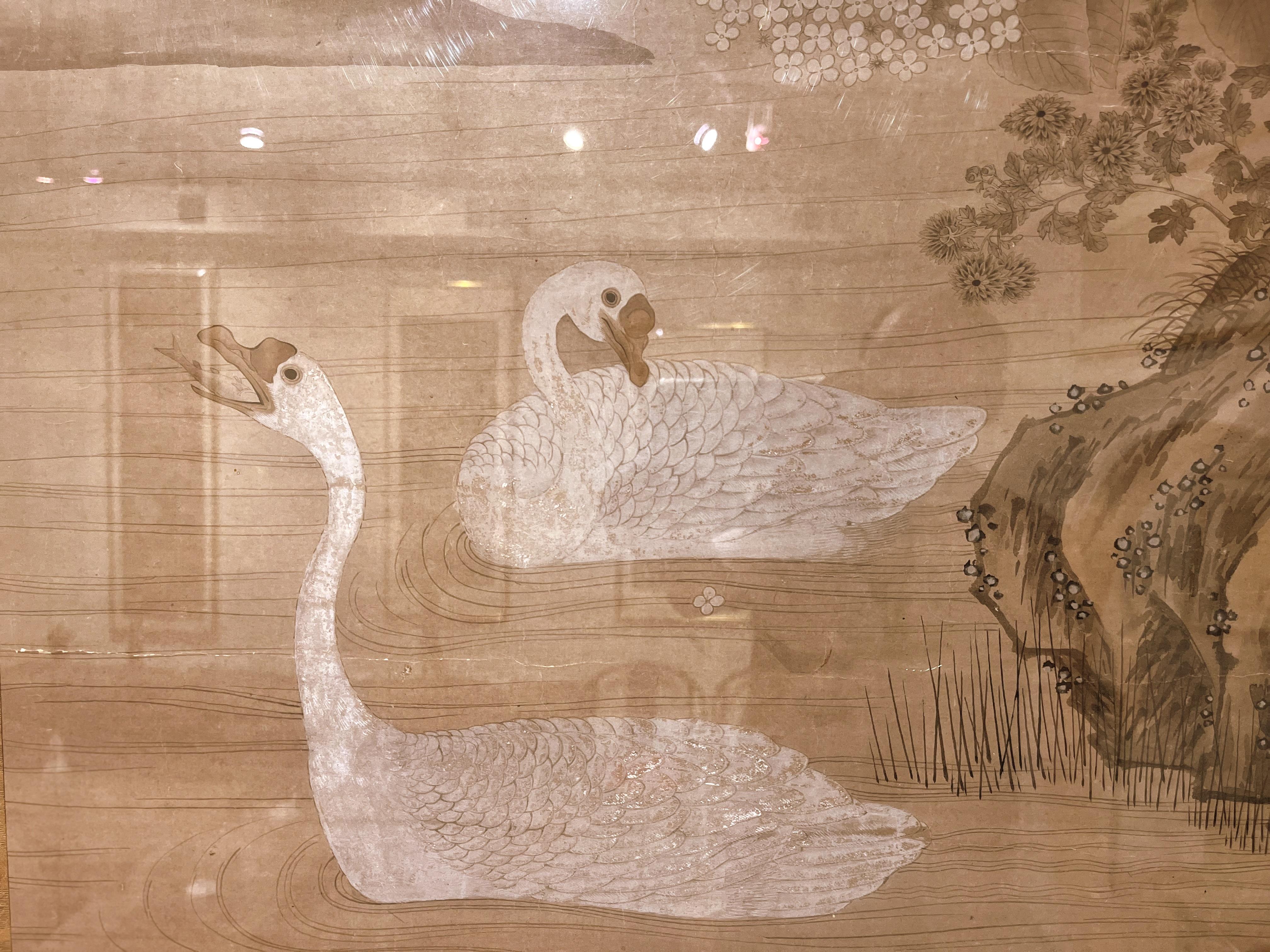 Paper Framed Japanese Brush Painting of Two White Geese Swimming in a Pond For Sale