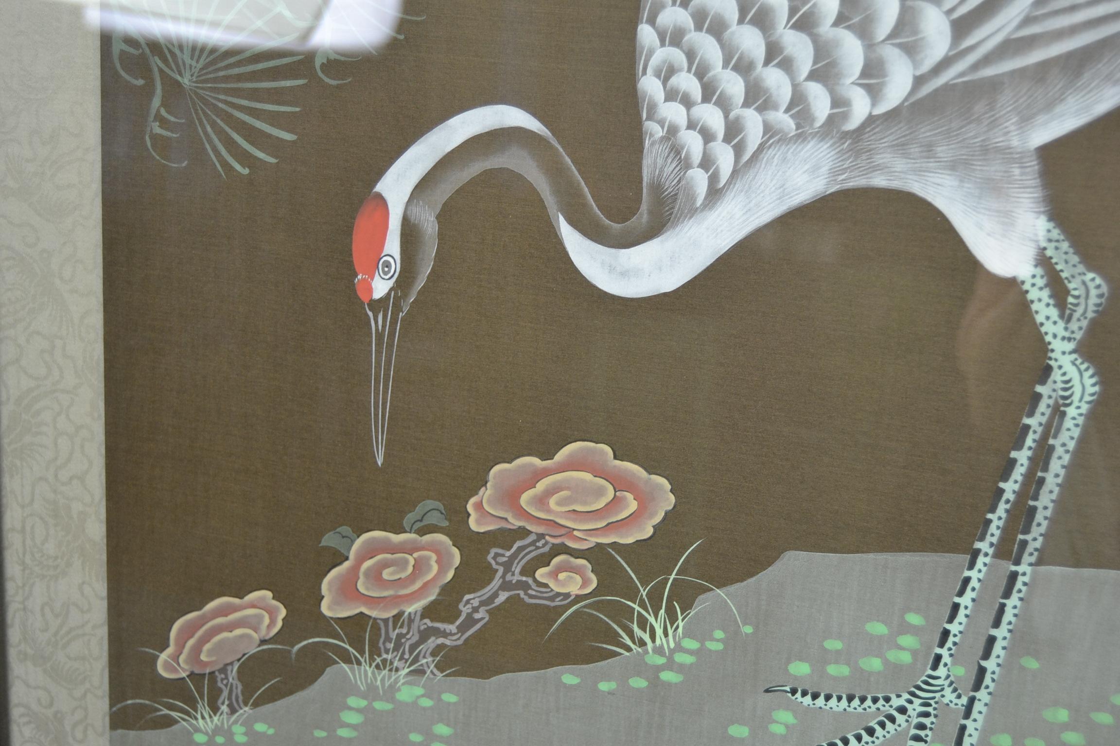 Framed Japanese Cranes on Silk, 1970s 3