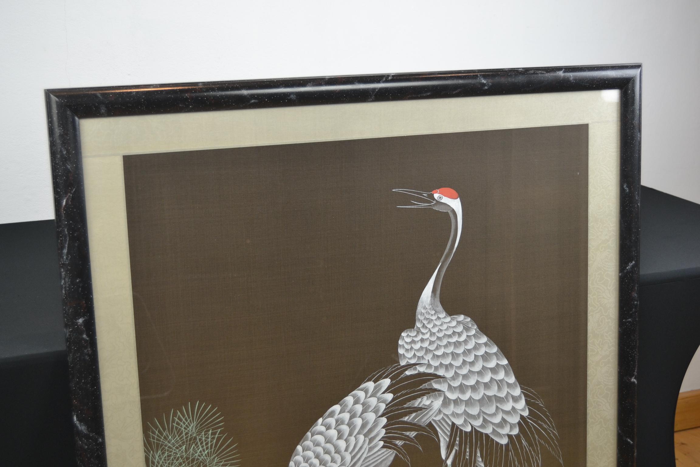 Hollywood Regency Framed Japanese Cranes on Silk, 1970s