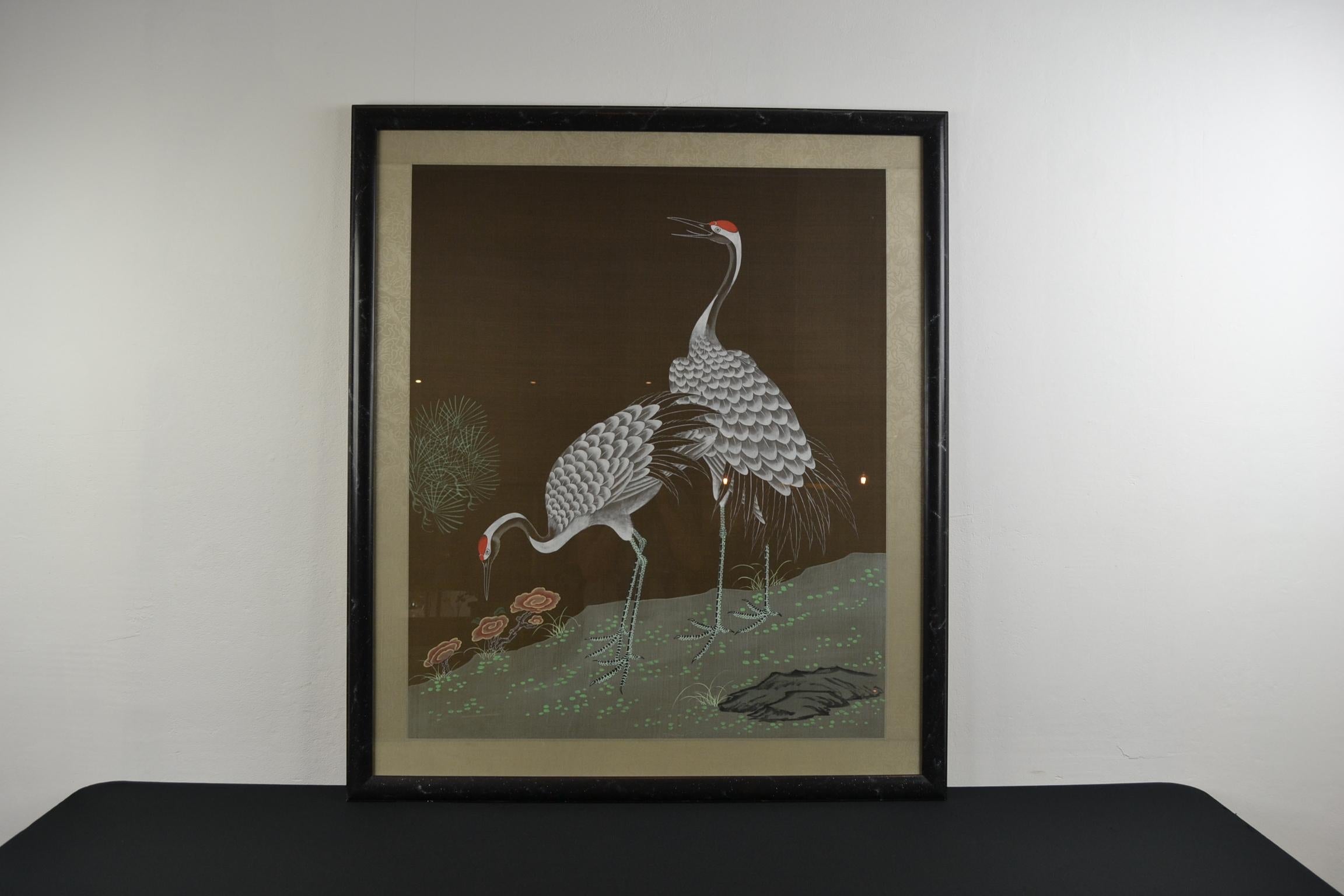Framed Japanese Cranes on Silk, 1970s In Good Condition In Antwerp, BE