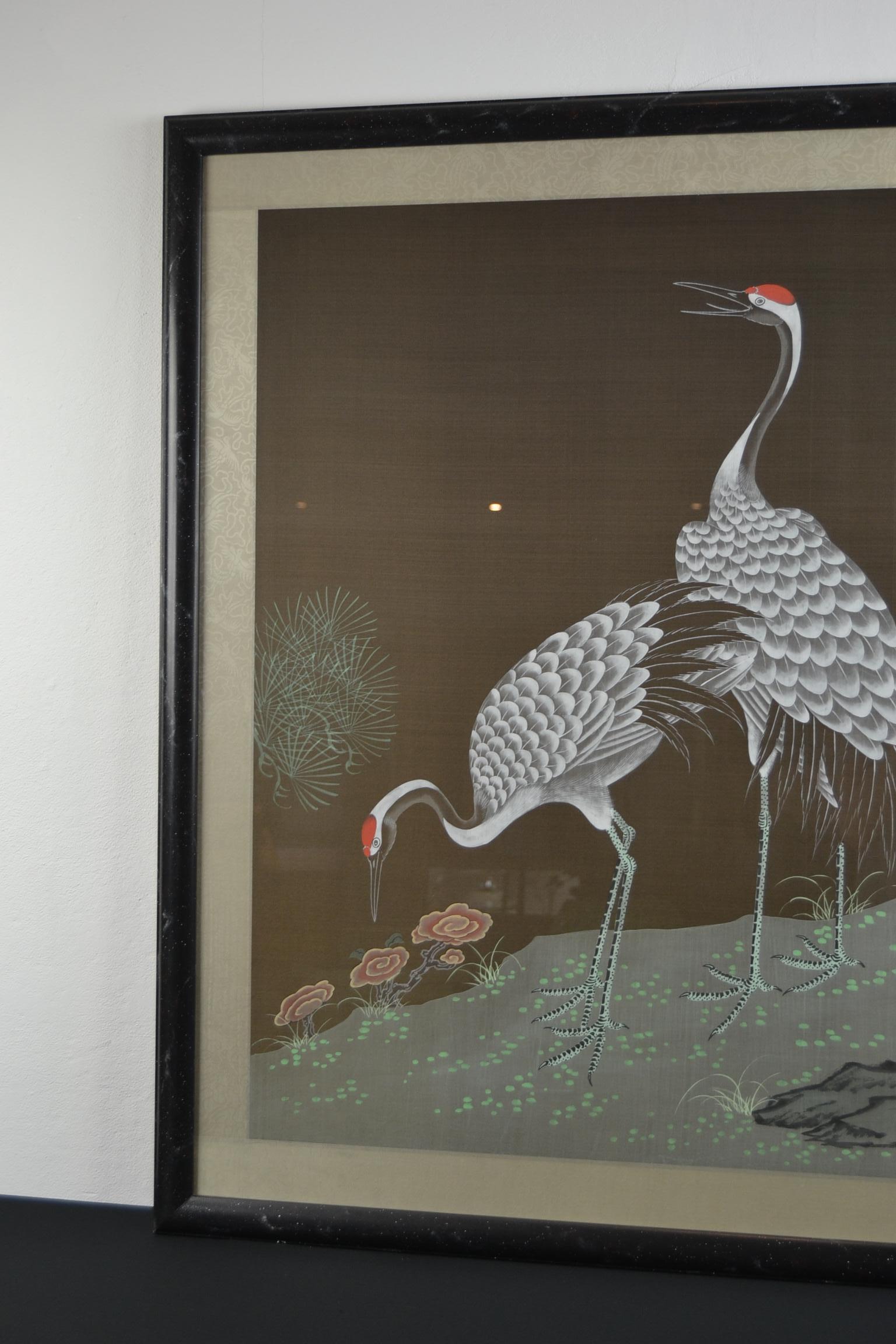Framed Japanese Cranes on Silk, 1970s 1