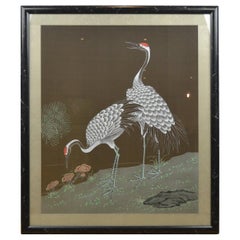 Framed Japanese Cranes on Silk, 1970s