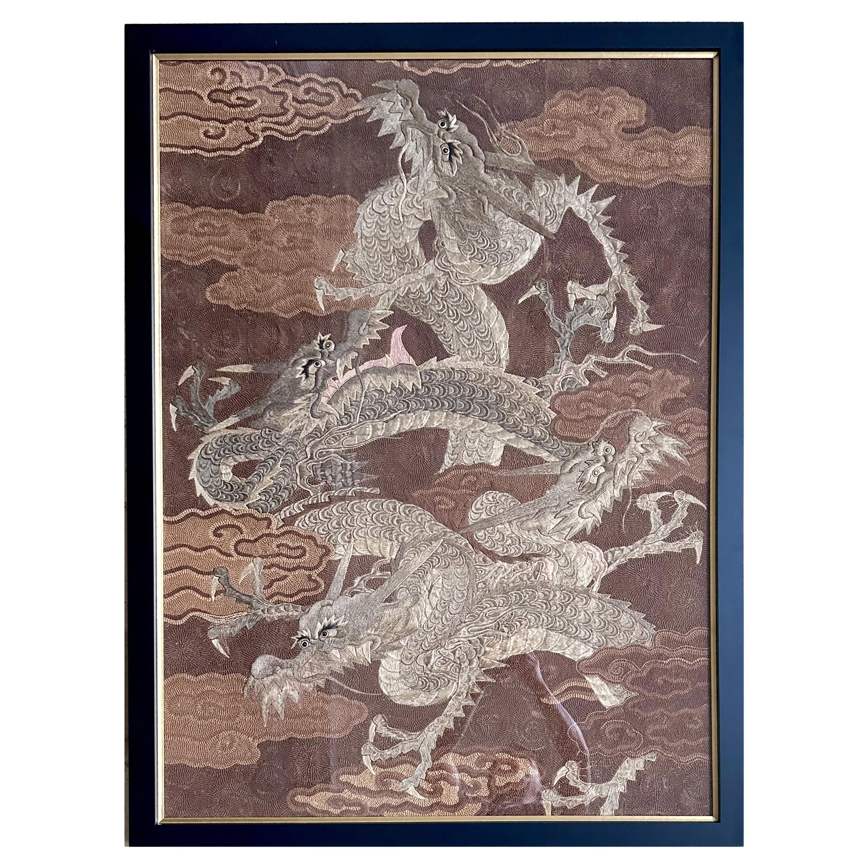Framed Japanese Embroidery Dragon Tapestry Meiji Period