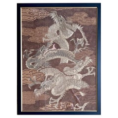 Framed Japanese Embroidery Dragon Tapestry Meiji Period