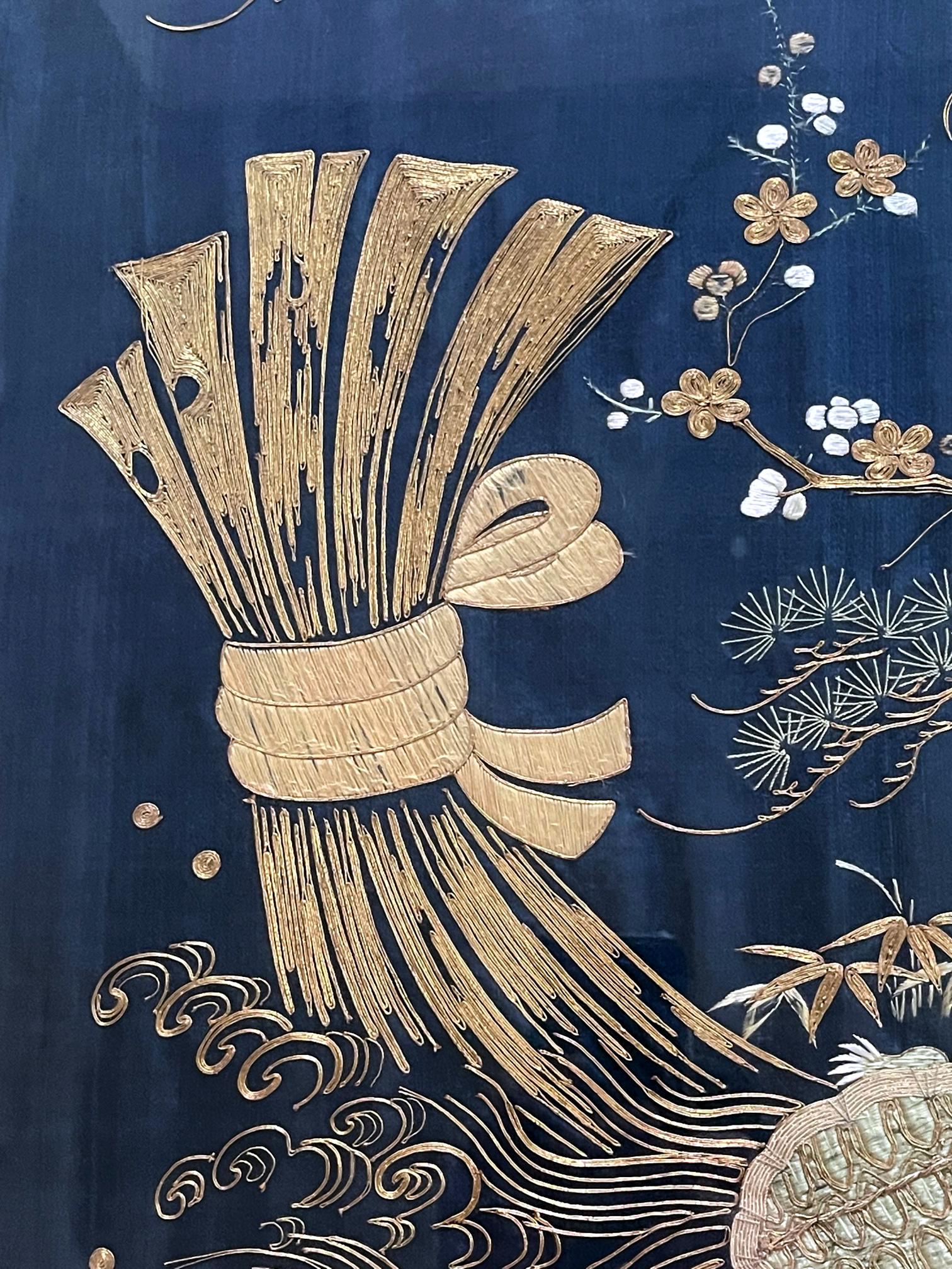 Silk Framed Japanese Embroidery Fukusa Panel Meiji Period