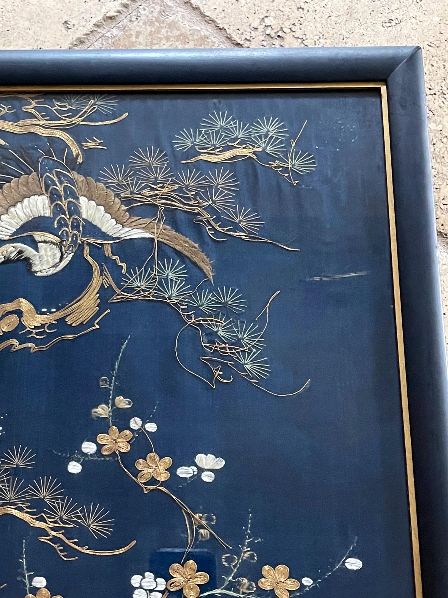 Framed Japanese Embroidery Fukusa Panel Meiji Period 2