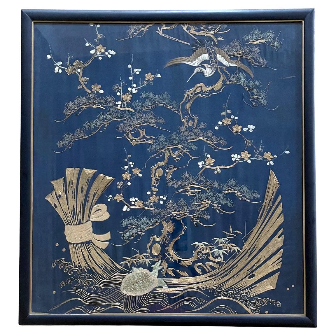 Framed Japanese Embroidery Fukusa Panel Meiji Period