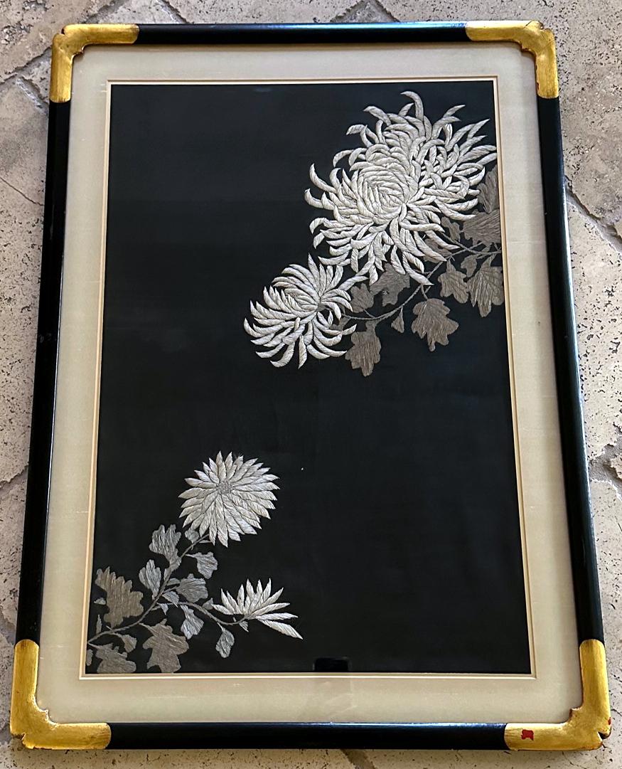 Embroidered Framed Japanese Embroidery Textile Panel Meiji Period For Sale