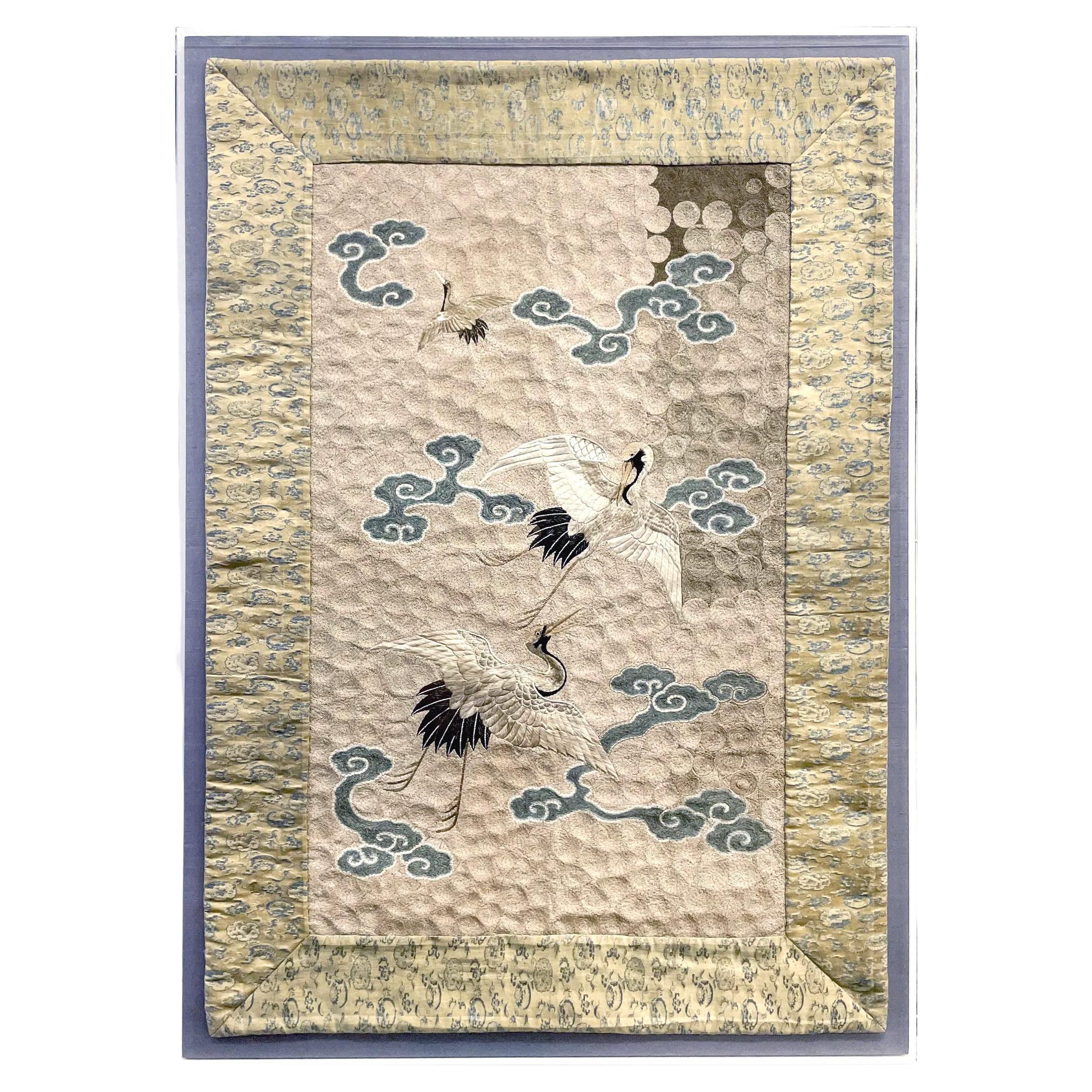 Framed Japanese Embroidery Textile Panel Meiji Period