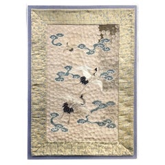 Antique Framed Japanese Embroidery Textile Panel Meiji Period