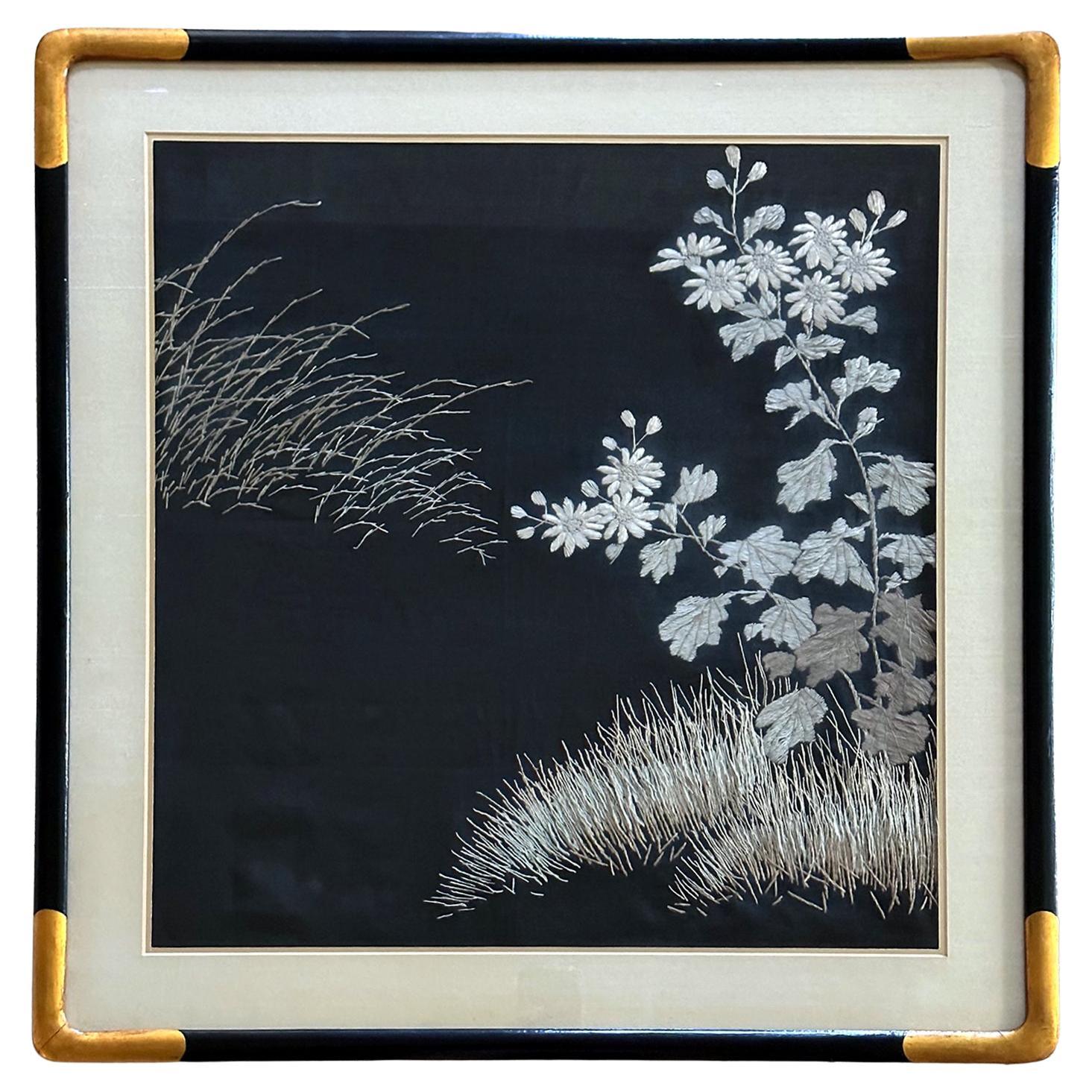 Framed Japanese Embroidery Textile Panel Meiji Period