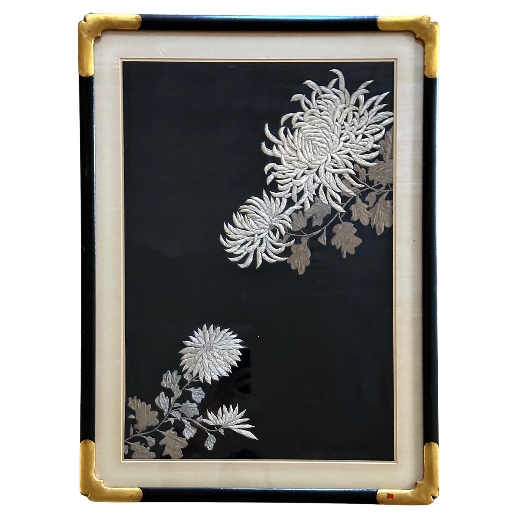 Framed Japanese Embroidery Textile Panel Meiji Period