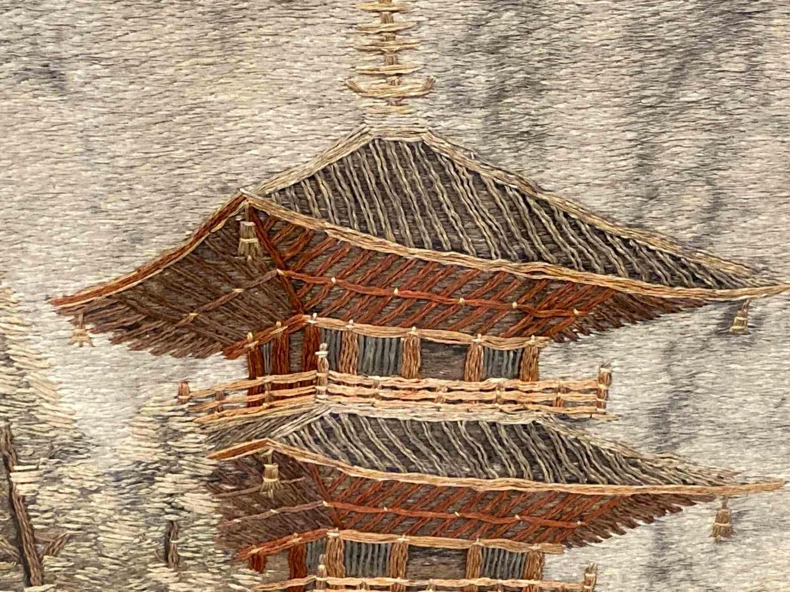 Metal Framed Japanese Embroidery Textile Panel Pagoda Scenery For Sale