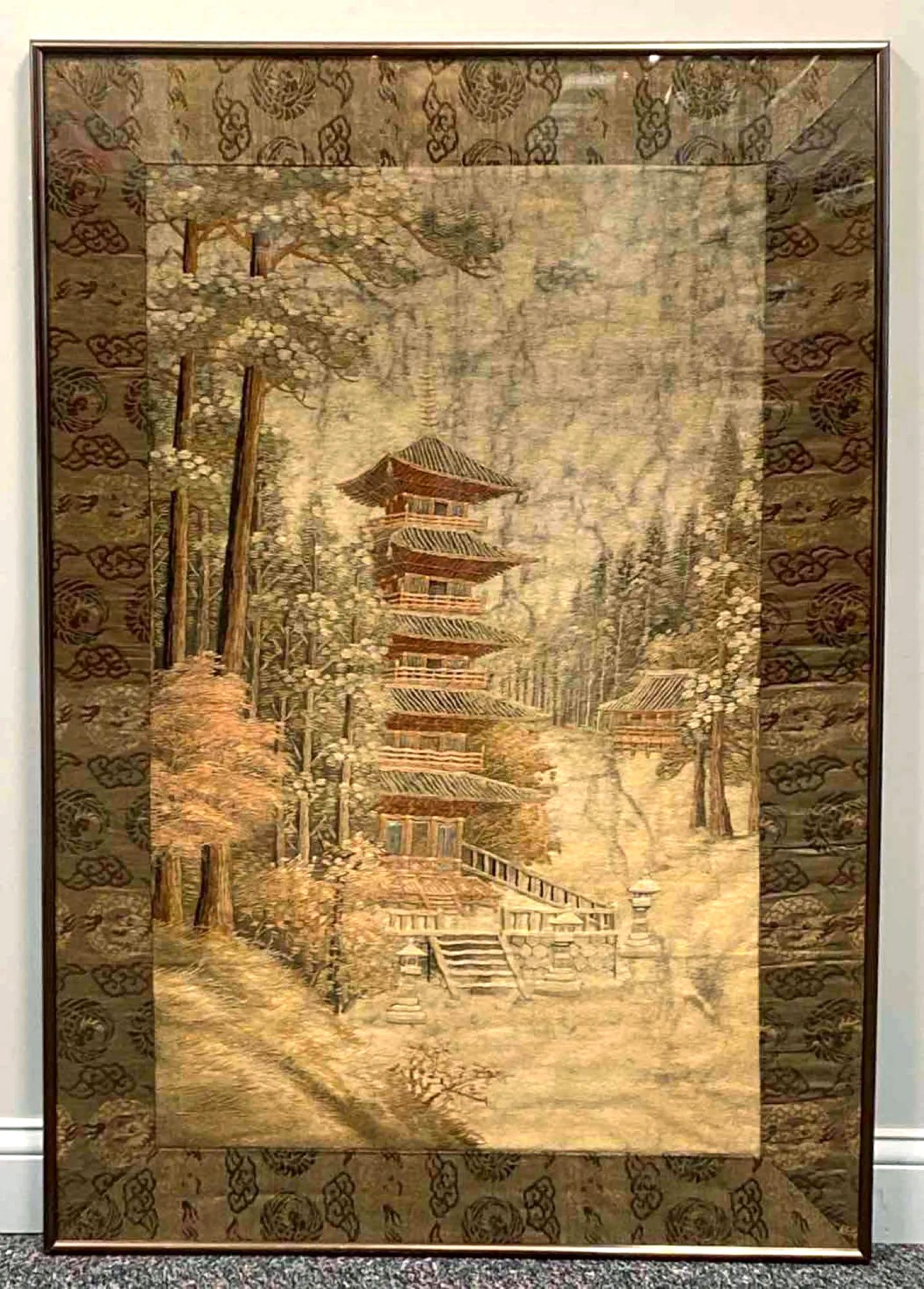 Framed Japanese Embroidery Textile Panel Pagoda Scenery For Sale 2