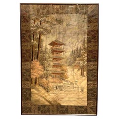 Framed Japanese Embroidery Textile Panel Pagoda Scenery